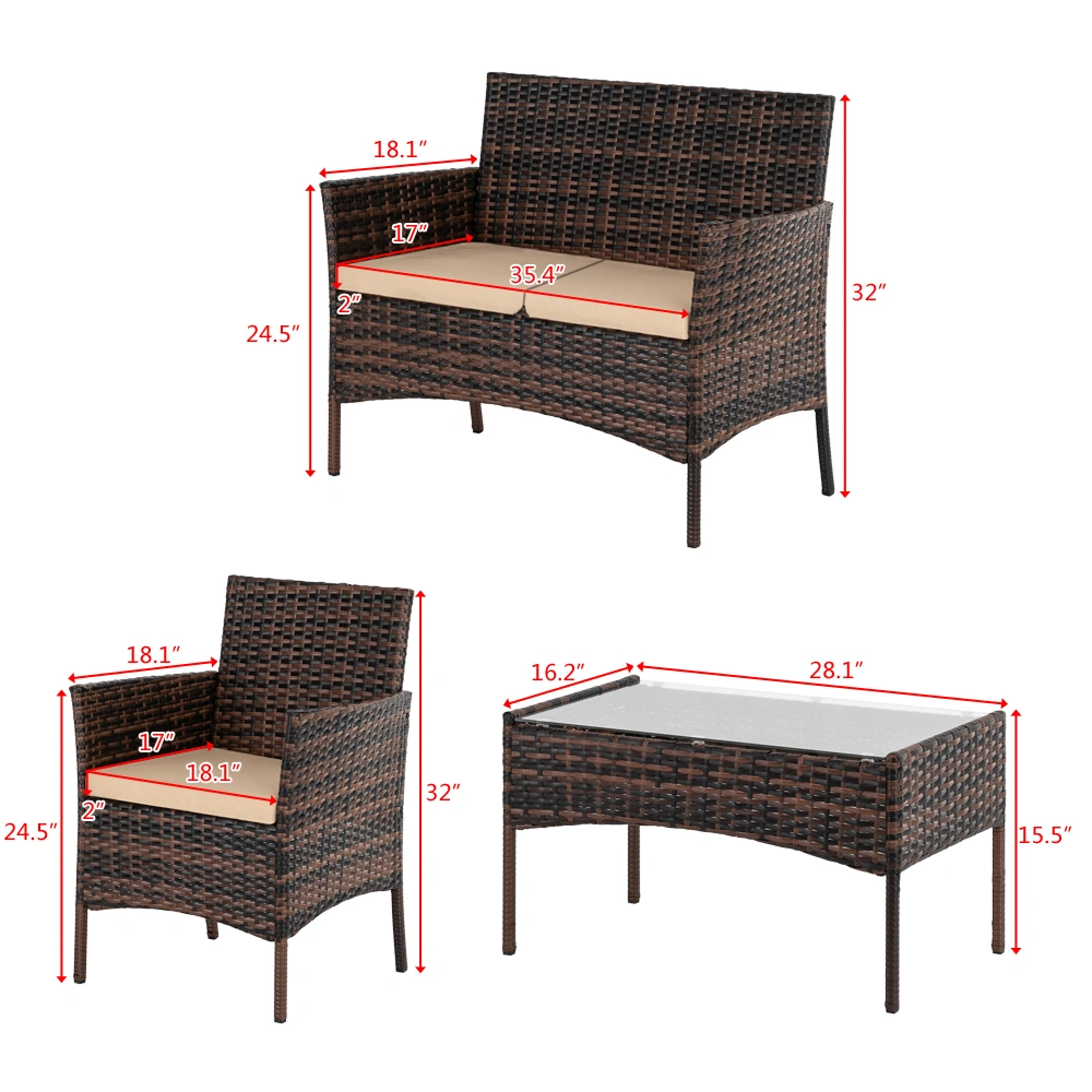 2pcs Arm Chairs 1pc Love Seat & Tempered Glass Coffee Table Rattan Sofa Set Brown Gradient view 31