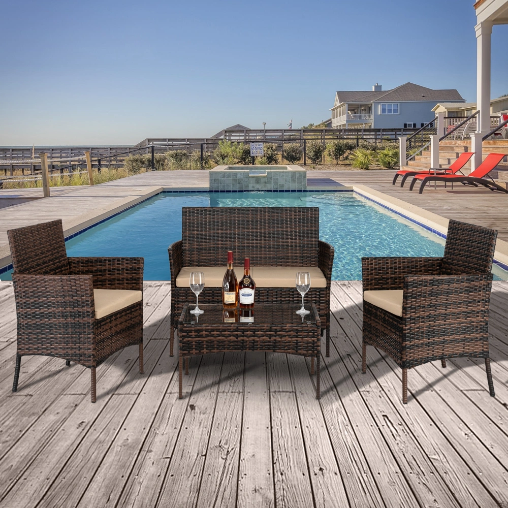 2pcs Arm Chairs 1pc Love Seat & Tempered Glass Coffee Table Rattan Sofa Set Brown Gradient view 33