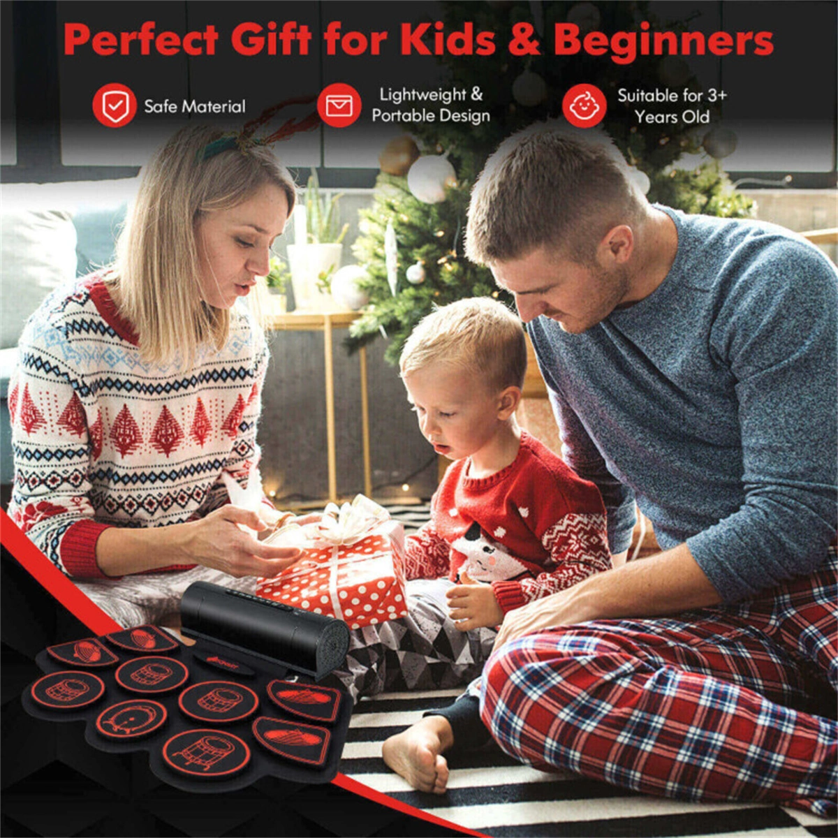 9-Pad Electric Drum Set for Beginners, MIDI USB Connection Dual Stereo Speakers Black+Red view 10