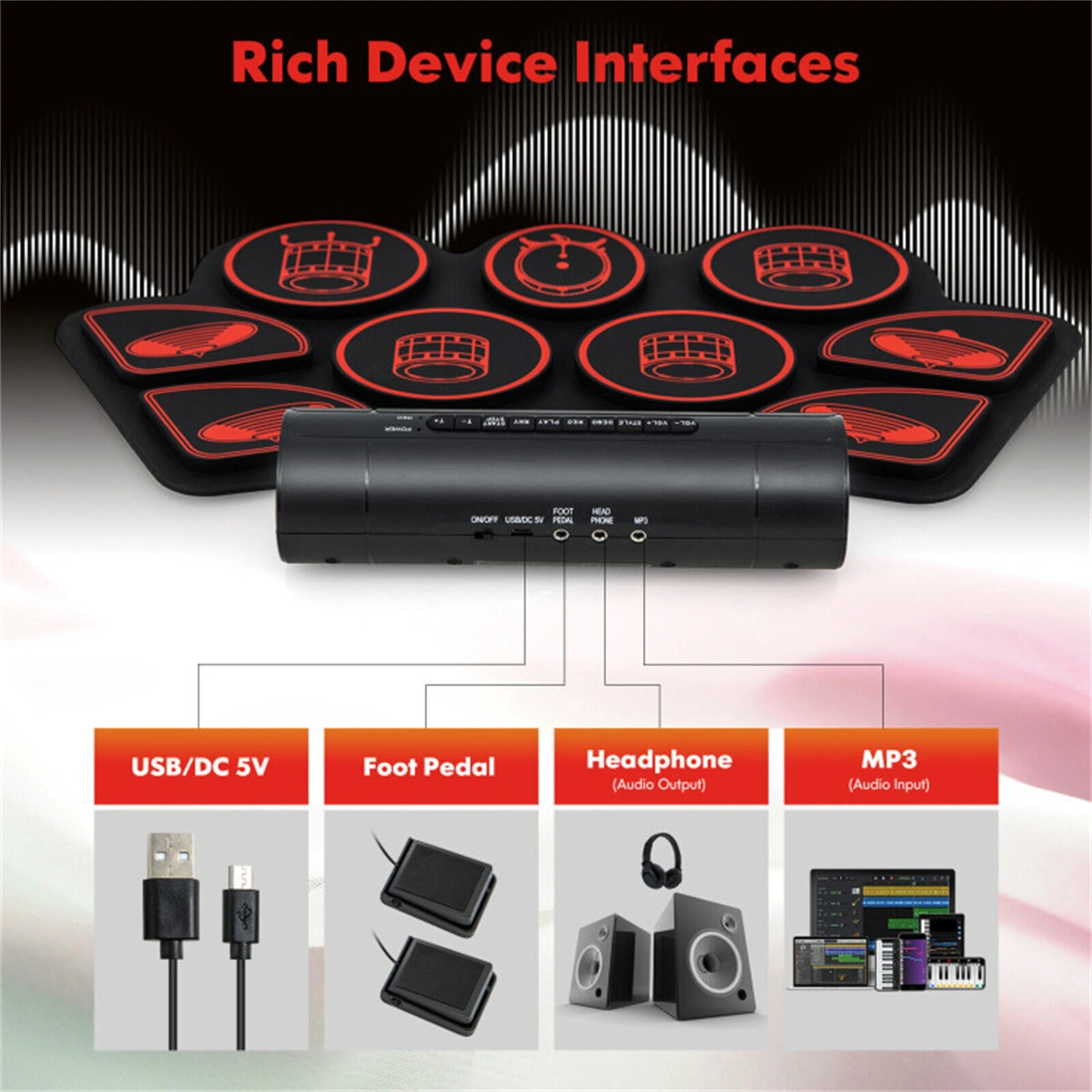 9-Pad Electric Drum Set for Beginners, MIDI USB Connection Dual Stereo Speakers Black+Red view 5
