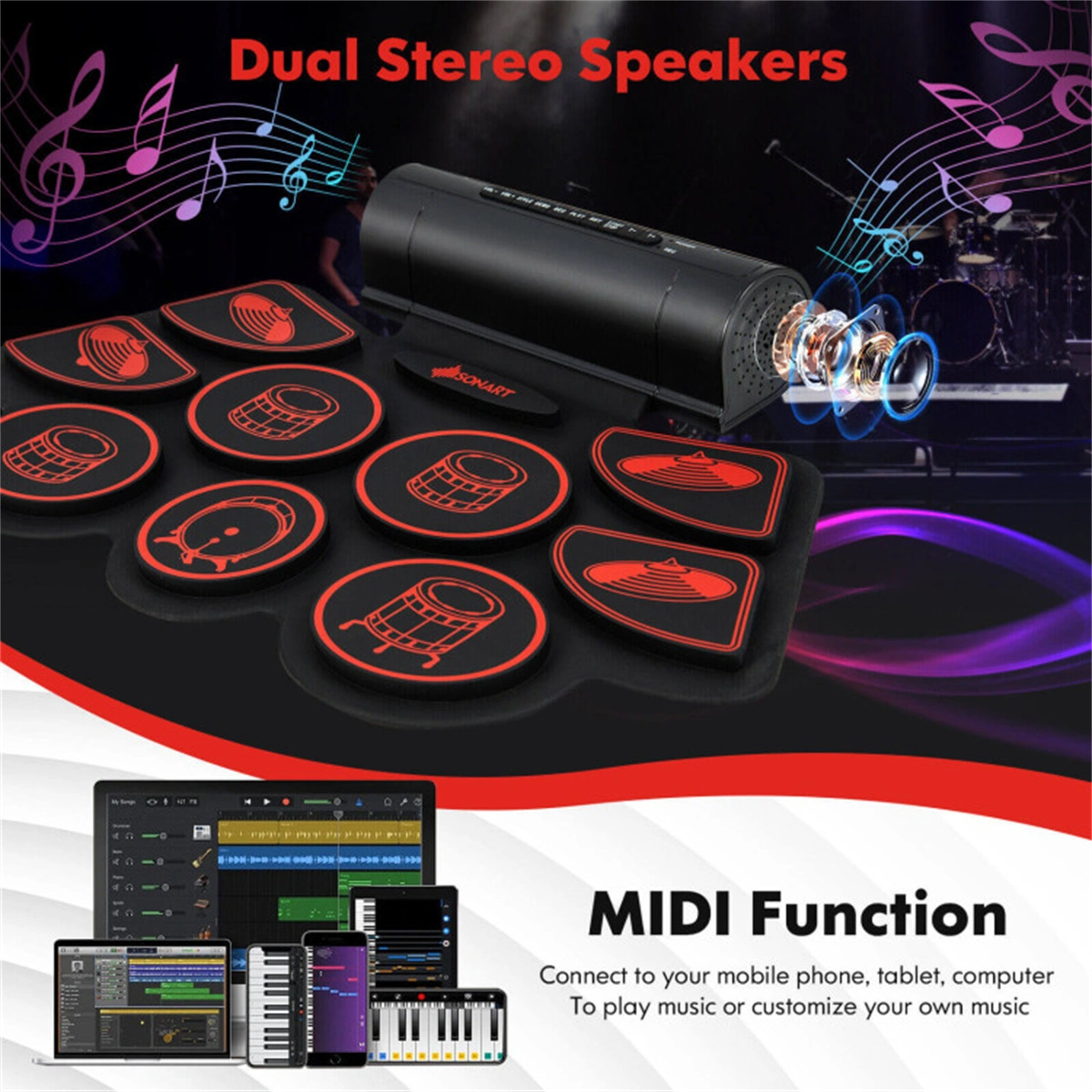 9-Pad Electric Drum Set for Beginners, MIDI USB Connection Dual Stereo Speakers Black+Red view 8