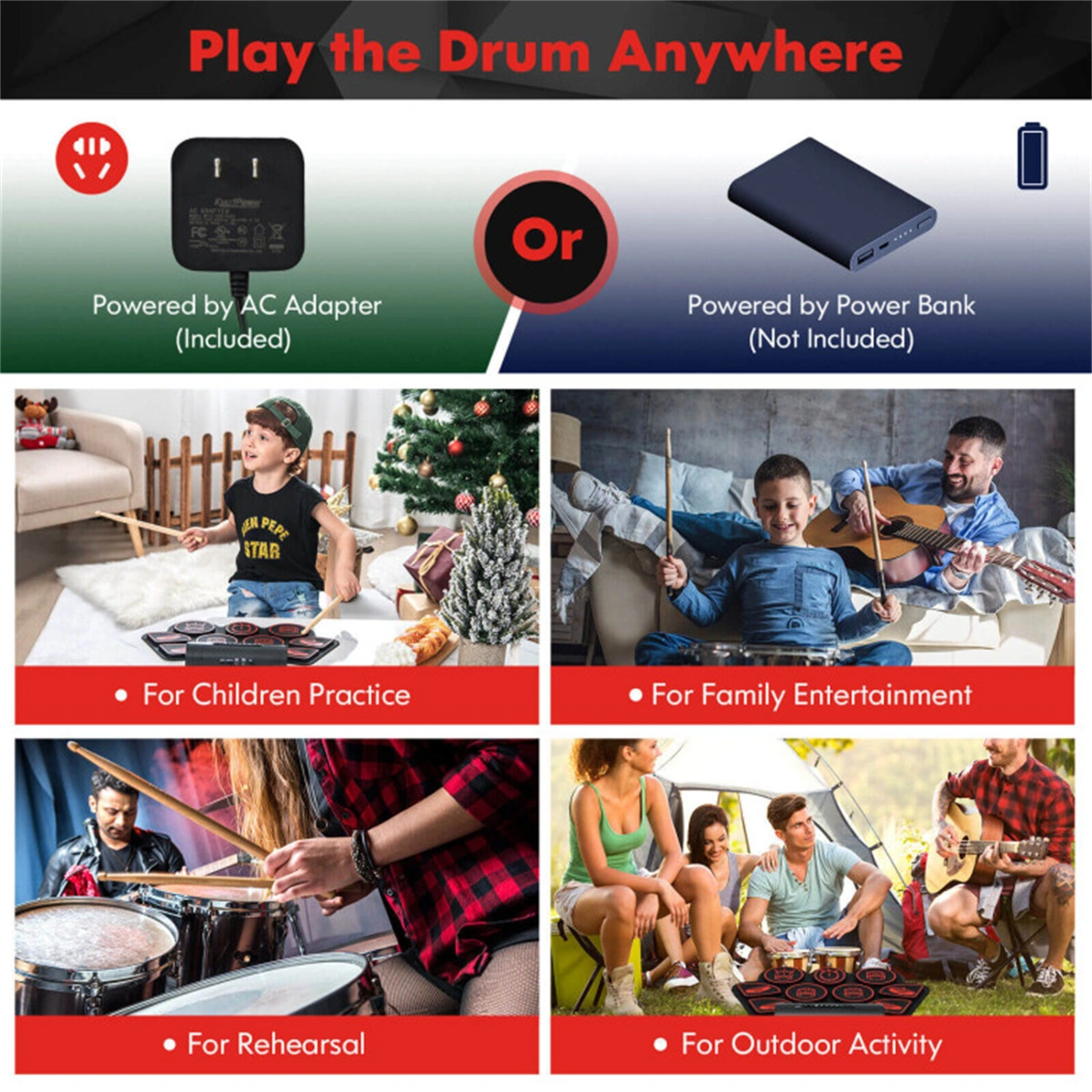 9-Pad Electric Drum Set for Beginners, MIDI USB Connection Dual Stereo Speakers Black+Red view 9
