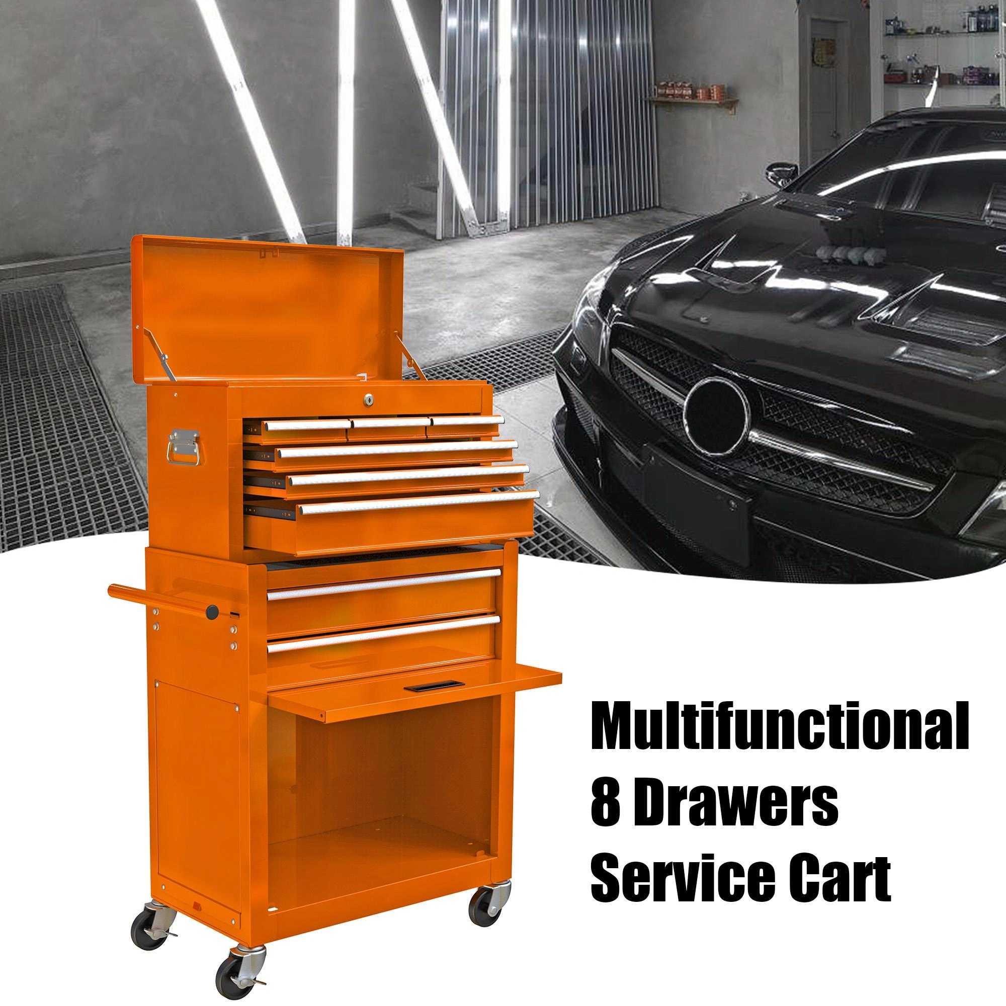 8-Drawer Rolling Tool Chest Cabinet with Wheels, High Capacity Orange Tool Storage Box with Lockable Drawers, Mobile Workshop Organizer view 12