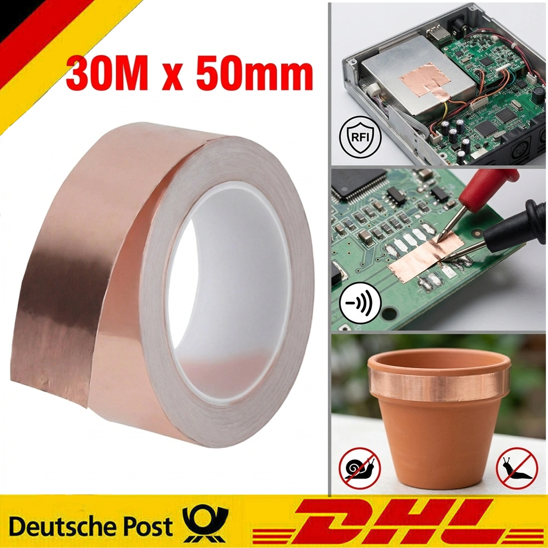 30m x 50mm Copper Tape Self-Adhesive, Anti-Snail Copper Foil Tape for Garden Pest Control view 2