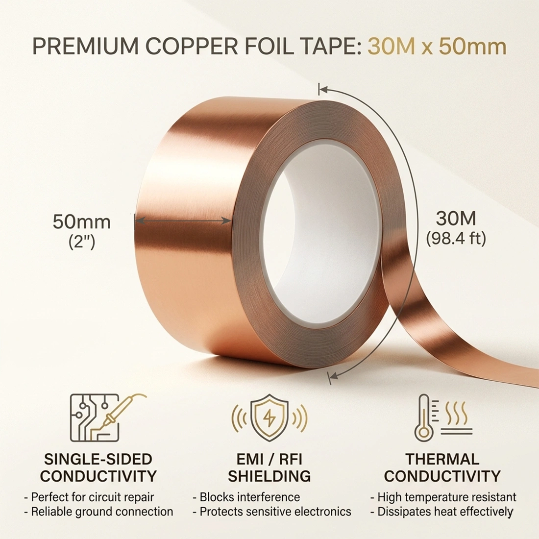 30m x 50mm Copper Tape Self-Adhesive, Anti-Snail Copper Foil Tape for Garden Pest Control view 3