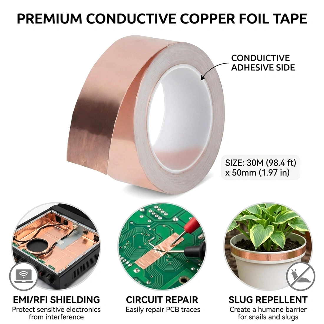 30m x 50mm Copper Tape Self-Adhesive, Anti-Snail Copper Foil Tape for Garden Pest Control view 5