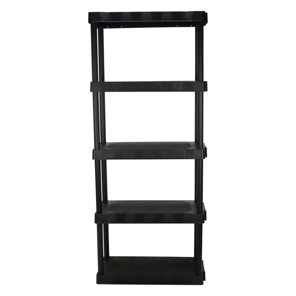 5-Tier Black Plastic Shelf Unit, 68.8 H x 30 W x 13.88 D, 350 lb Capacity