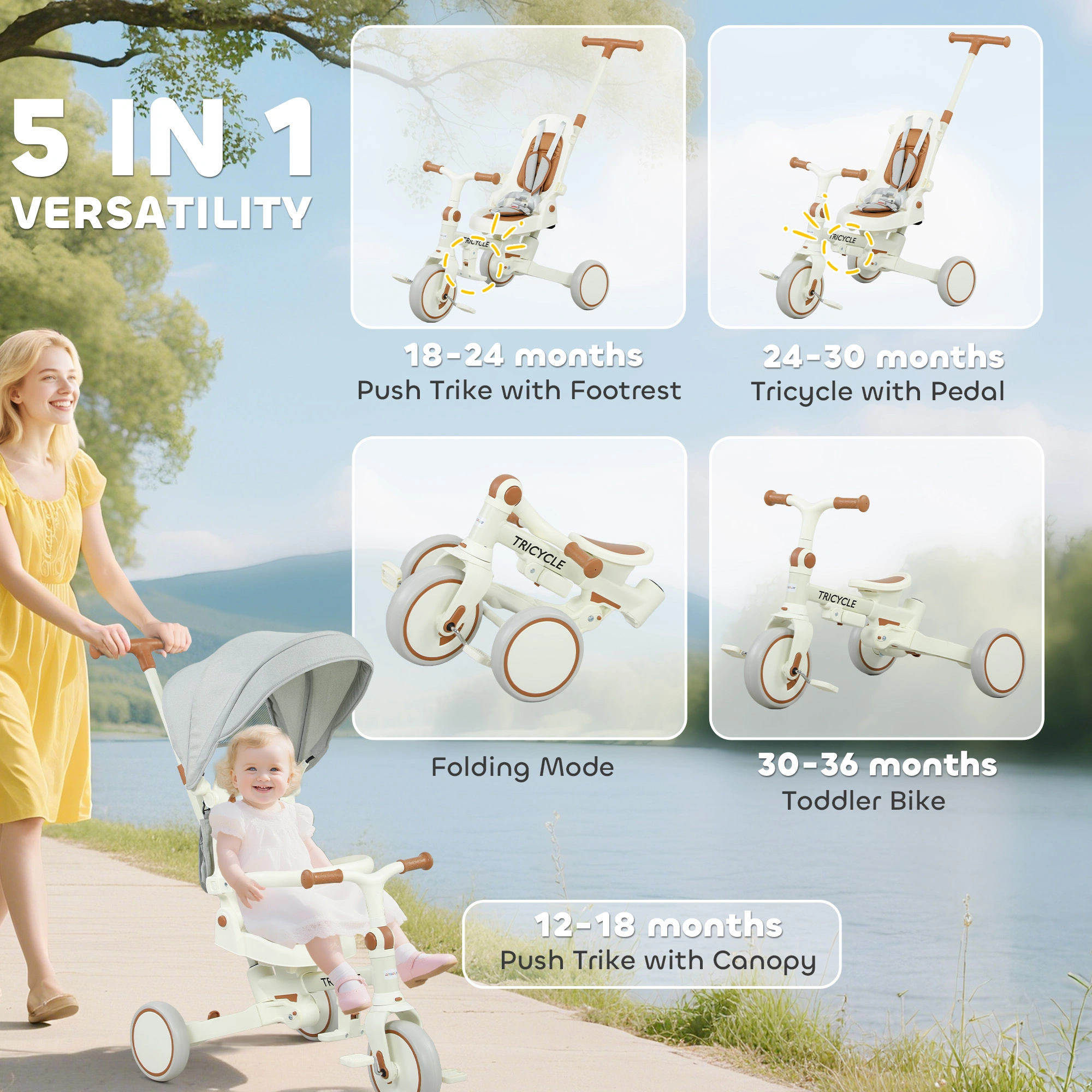 Kids Trike for Toddlers 2-5 Years, 3-Wheel Bike with Adjustable Backrest & Parent Handle, 50 lbs Capacity, Soft EVA Wheels, Blue/Red/Green view 3