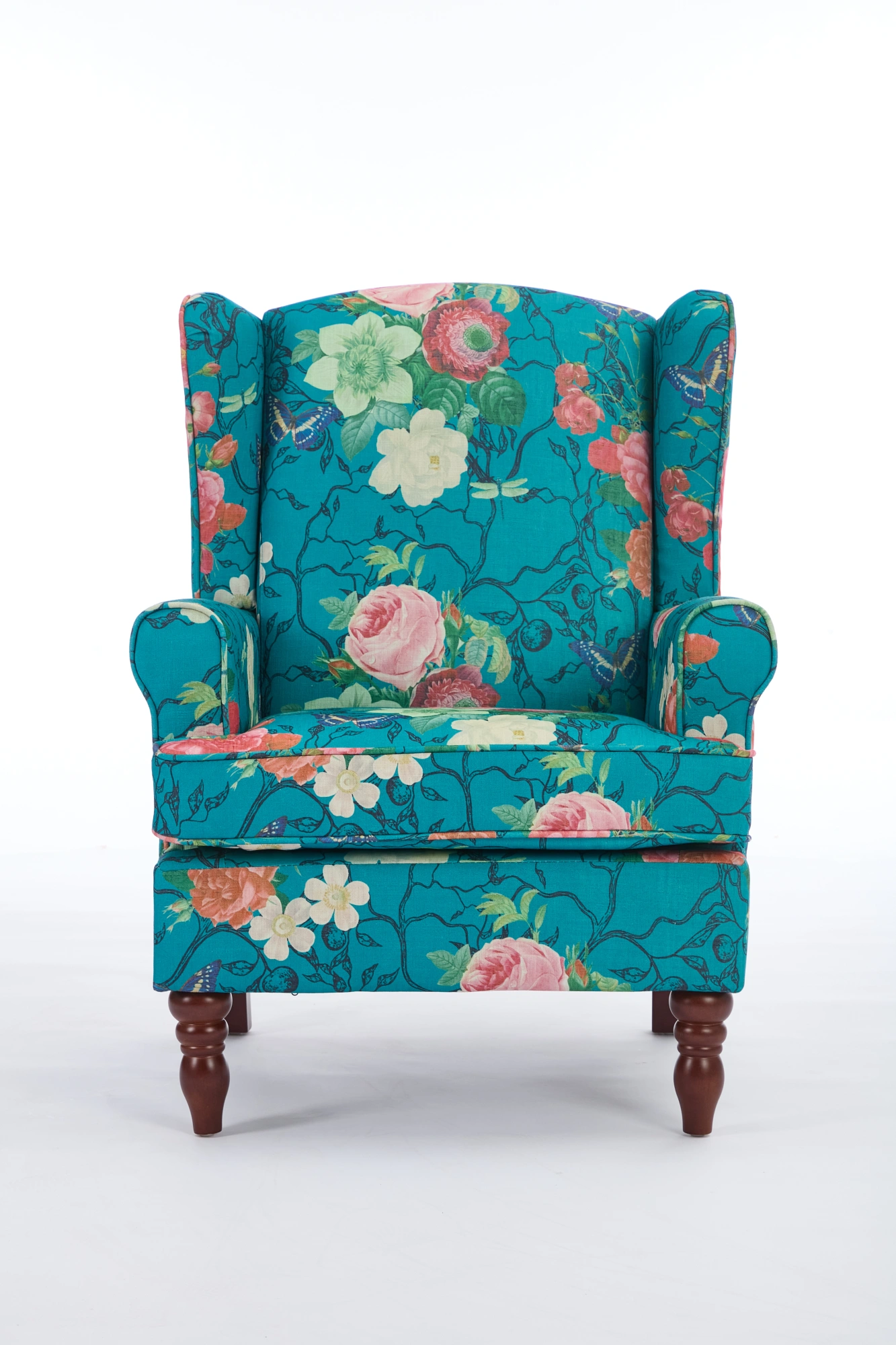 Modern Accent Chair with Retro Wood Legs, Comfy Upholstered Armchair, Floral Design Single Sofa Chair for Living Room Bedroom Office - Floral Cyan view 10