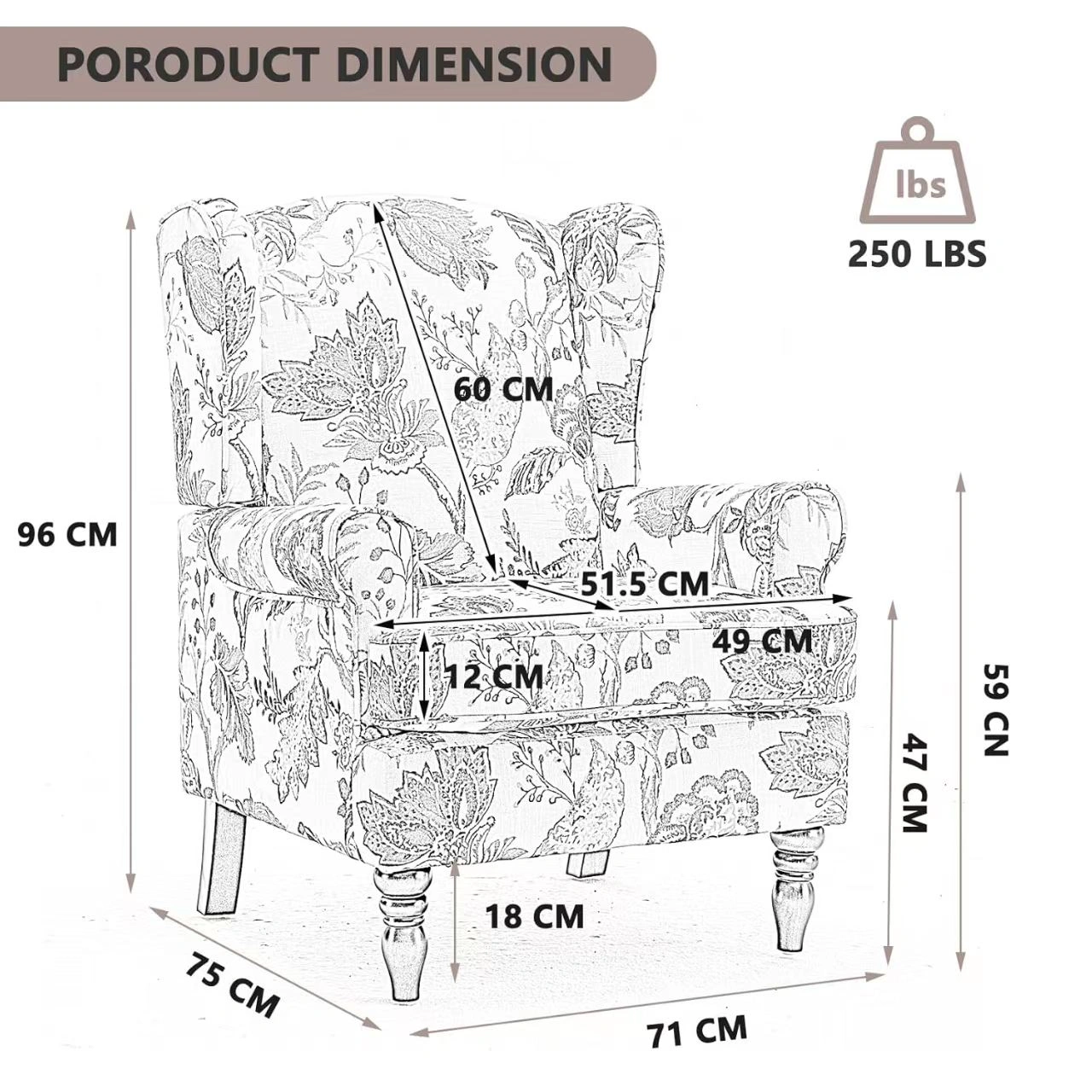 Modern Accent Chair with Retro Wood Legs, Comfy Upholstered Armchair, Floral Design Single Sofa Chair for Living Room Bedroom Office - Floral Cyan view 12