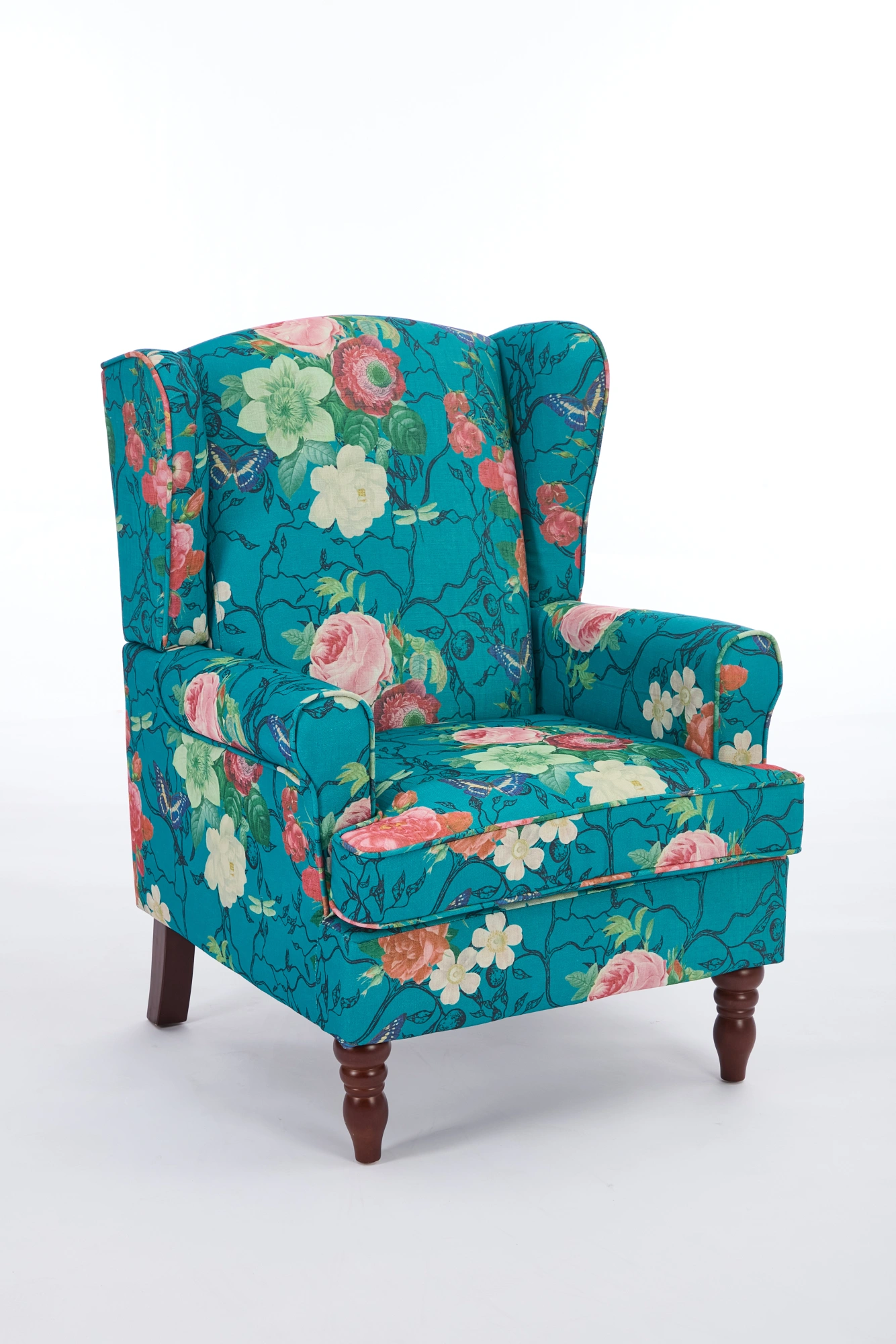 Modern Accent Chair with Retro Wood Legs, Comfy Upholstered Armchair, Floral Design Single Sofa Chair for Living Room Bedroom Office - Floral Cyan view 13