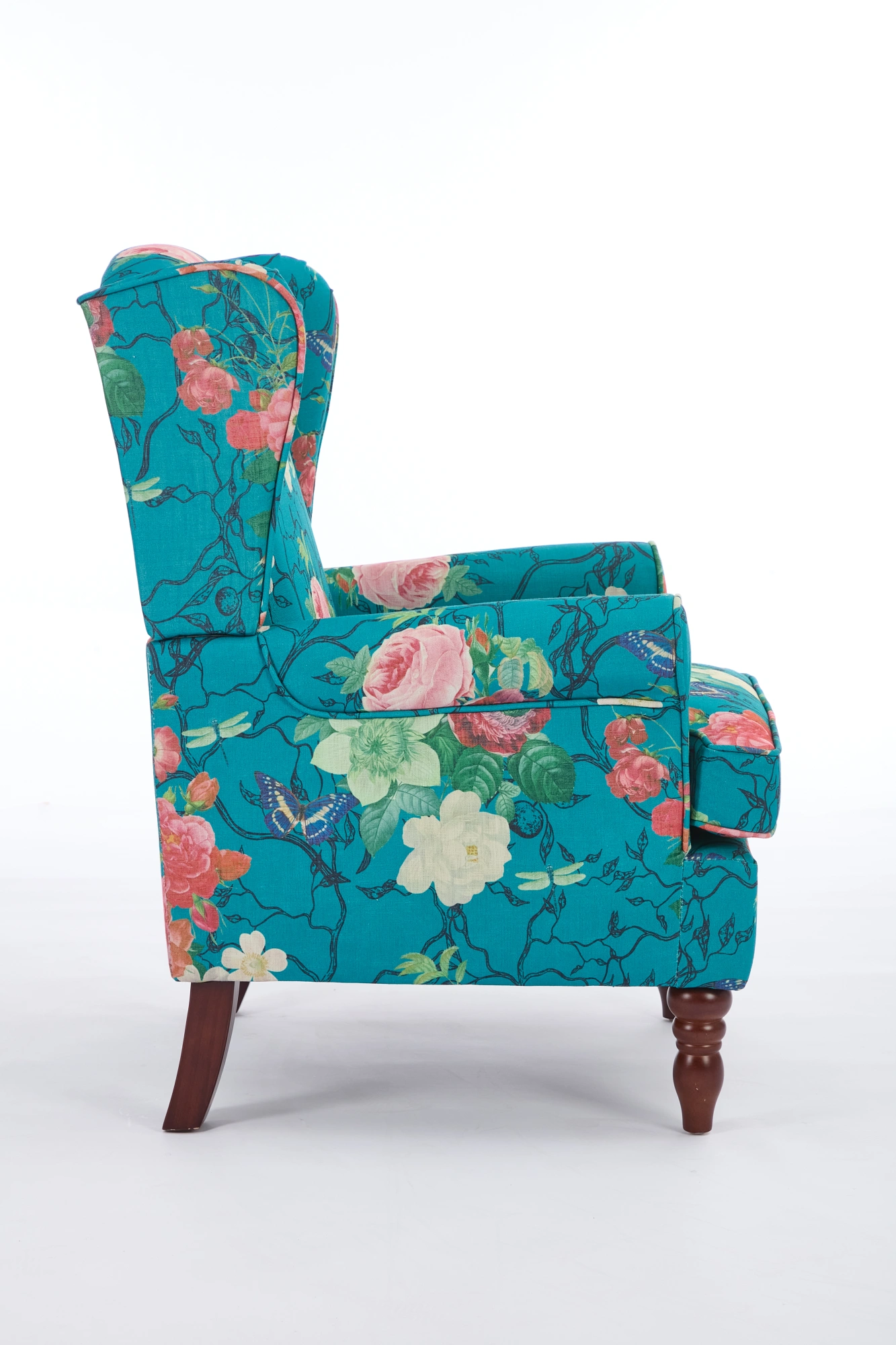 Modern Accent Chair with Retro Wood Legs, Comfy Upholstered Armchair, Floral Design Single Sofa Chair for Living Room Bedroom Office - Floral Cyan view 14