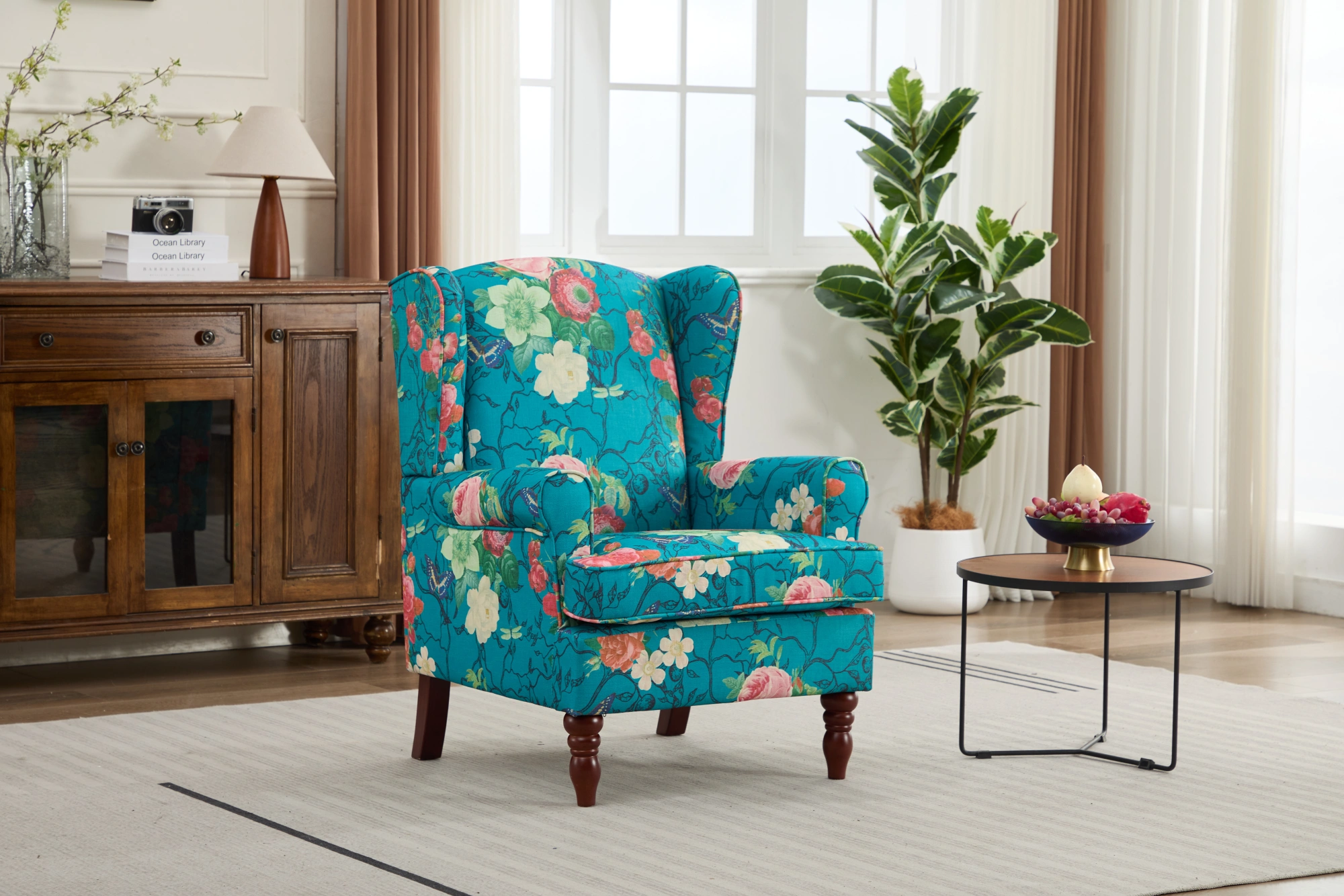Modern Accent Chair with Retro Wood Legs, Comfy Upholstered Armchair, Floral Design Single Sofa Chair for Living Room Bedroom Office - Floral Cyan view 15
