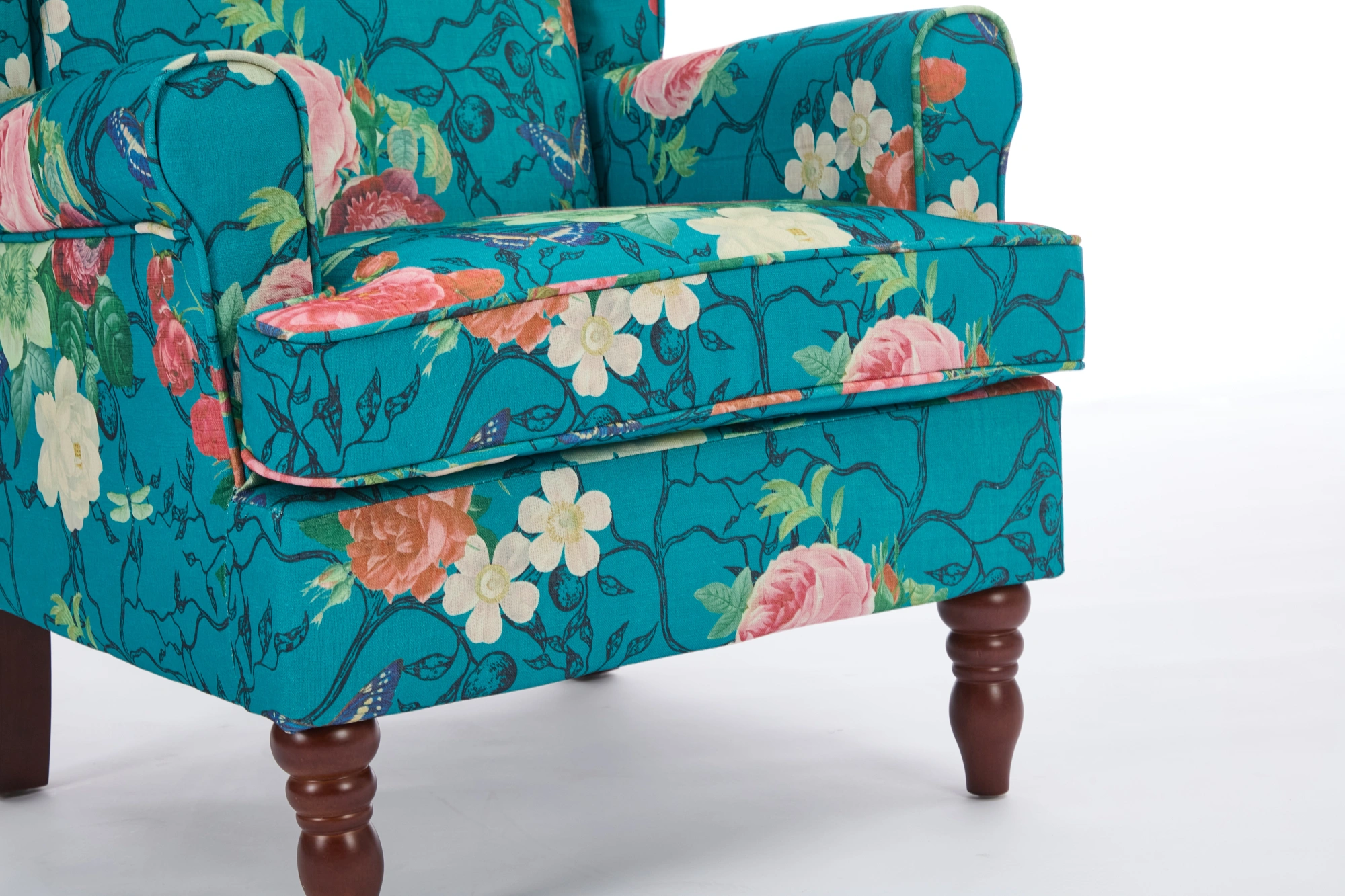 Modern Accent Chair with Retro Wood Legs, Comfy Upholstered Armchair, Floral Design Single Sofa Chair for Living Room Bedroom Office - Floral Cyan view 17
