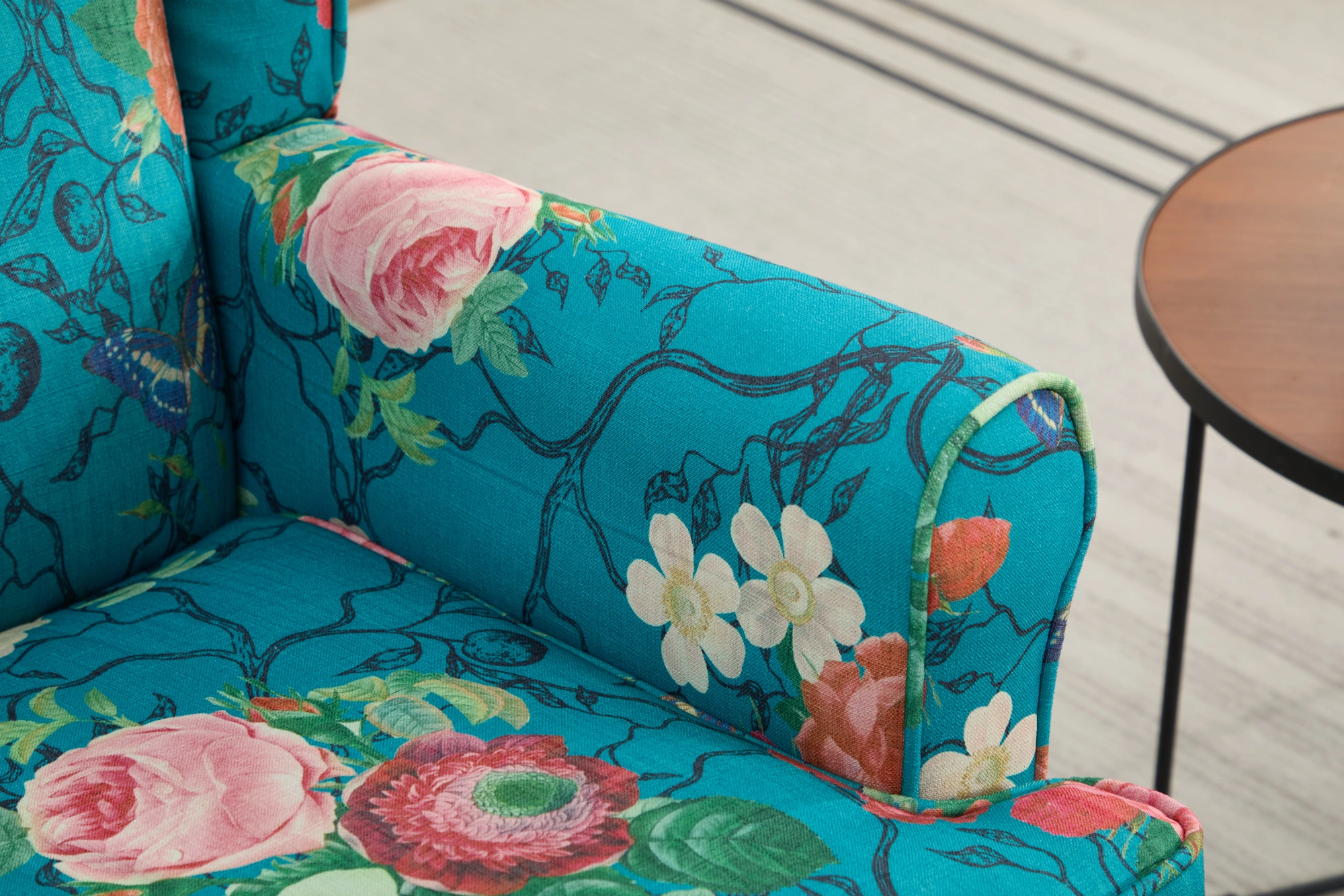 Modern Accent Chair with Retro Wood Legs, Comfy Upholstered Armchair, Floral Design Single Sofa Chair for Living Room Bedroom Office - Floral Cyan view 18