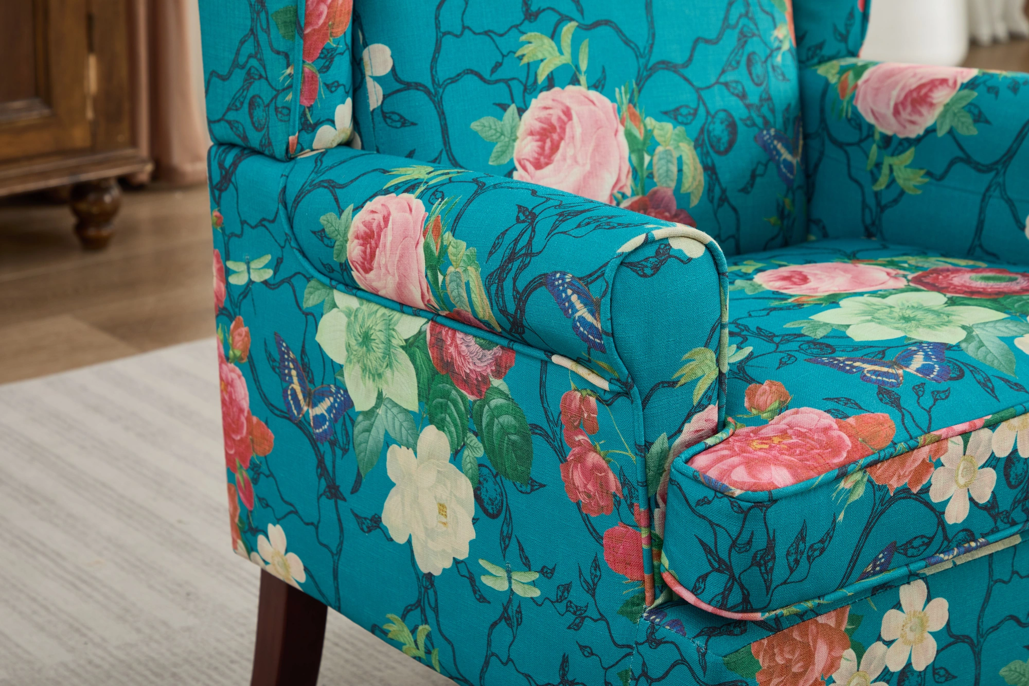 Modern Accent Chair with Retro Wood Legs, Comfy Upholstered Armchair, Floral Design Single Sofa Chair for Living Room Bedroom Office - Floral Cyan view 20