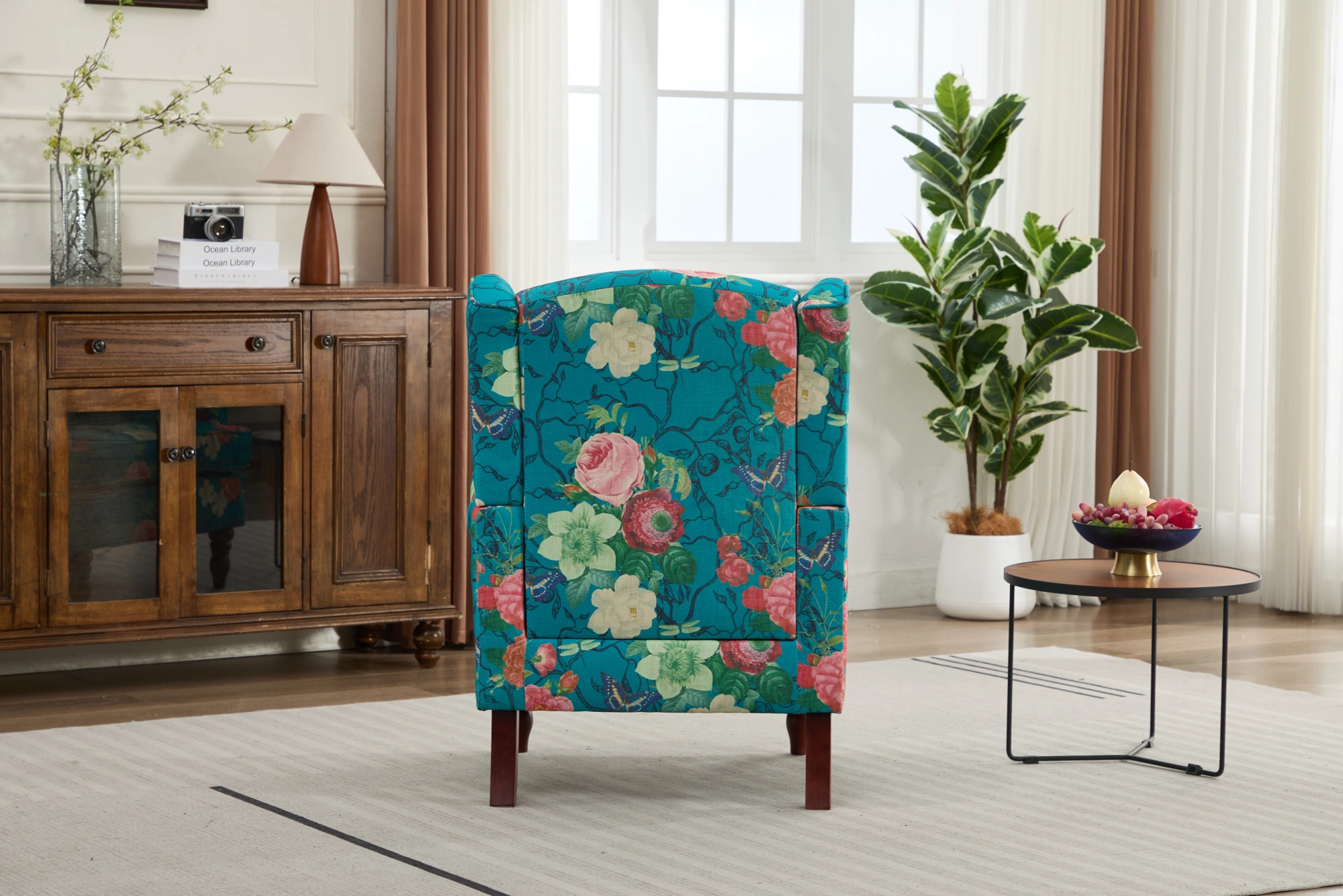 Modern Accent Chair with Retro Wood Legs, Comfy Upholstered Armchair, Floral Design Single Sofa Chair for Living Room Bedroom Office - Floral Cyan view 21