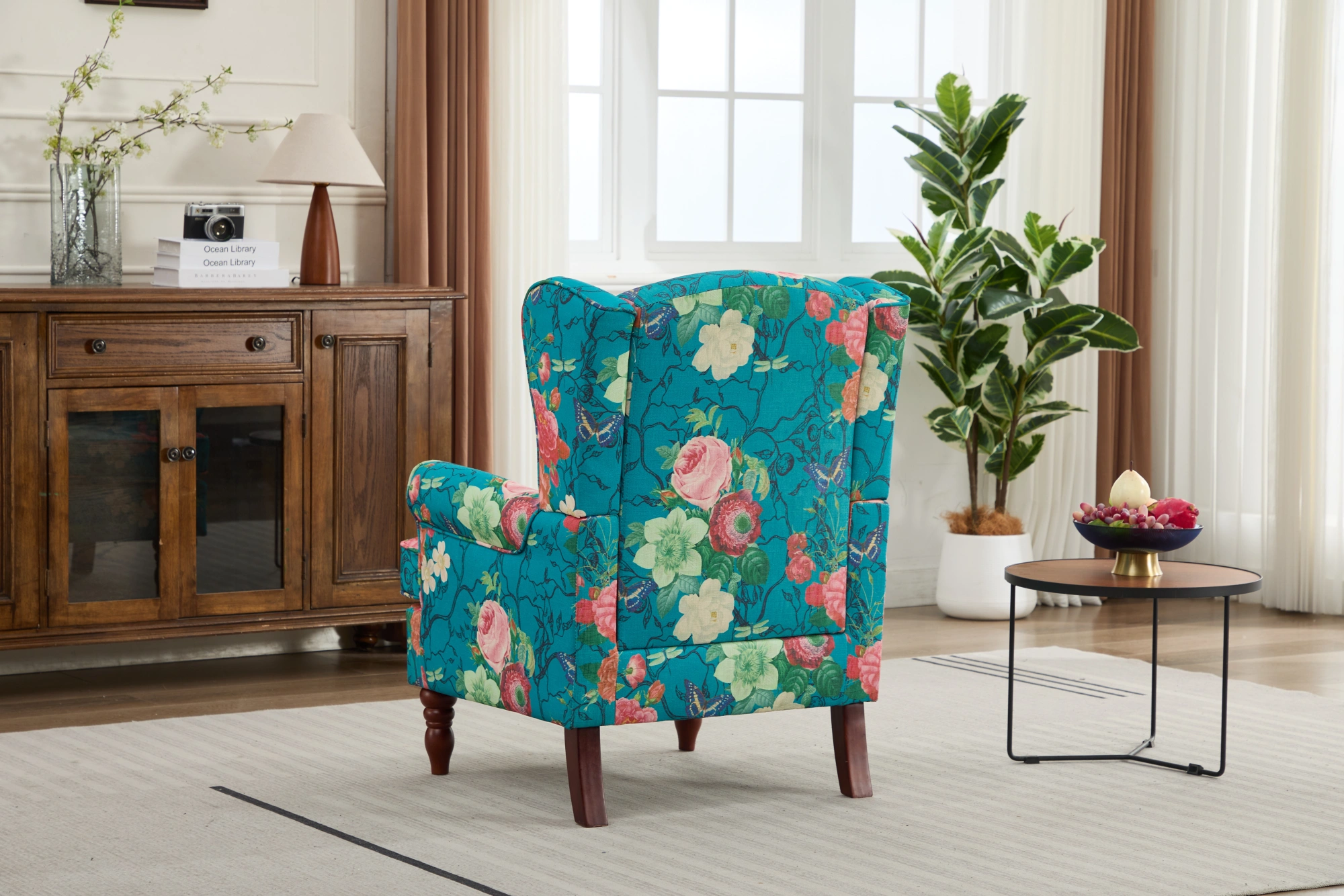 Modern Accent Chair with Retro Wood Legs, Comfy Upholstered Armchair, Floral Design Single Sofa Chair for Living Room Bedroom Office - Floral Cyan view 22