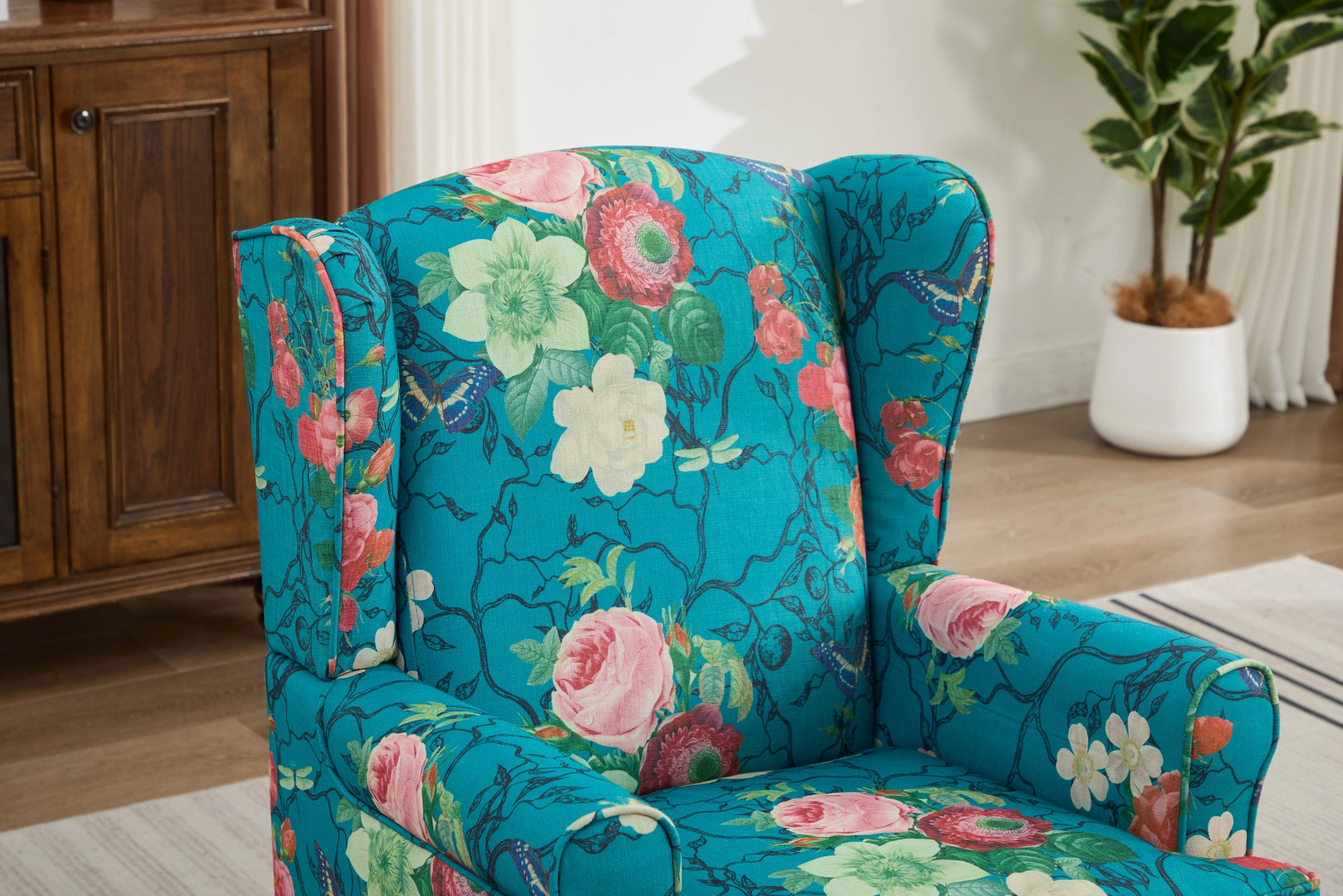 Modern Accent Chair with Retro Wood Legs, Comfy Upholstered Armchair, Floral Design Single Sofa Chair for Living Room Bedroom Office - Floral Cyan view 25