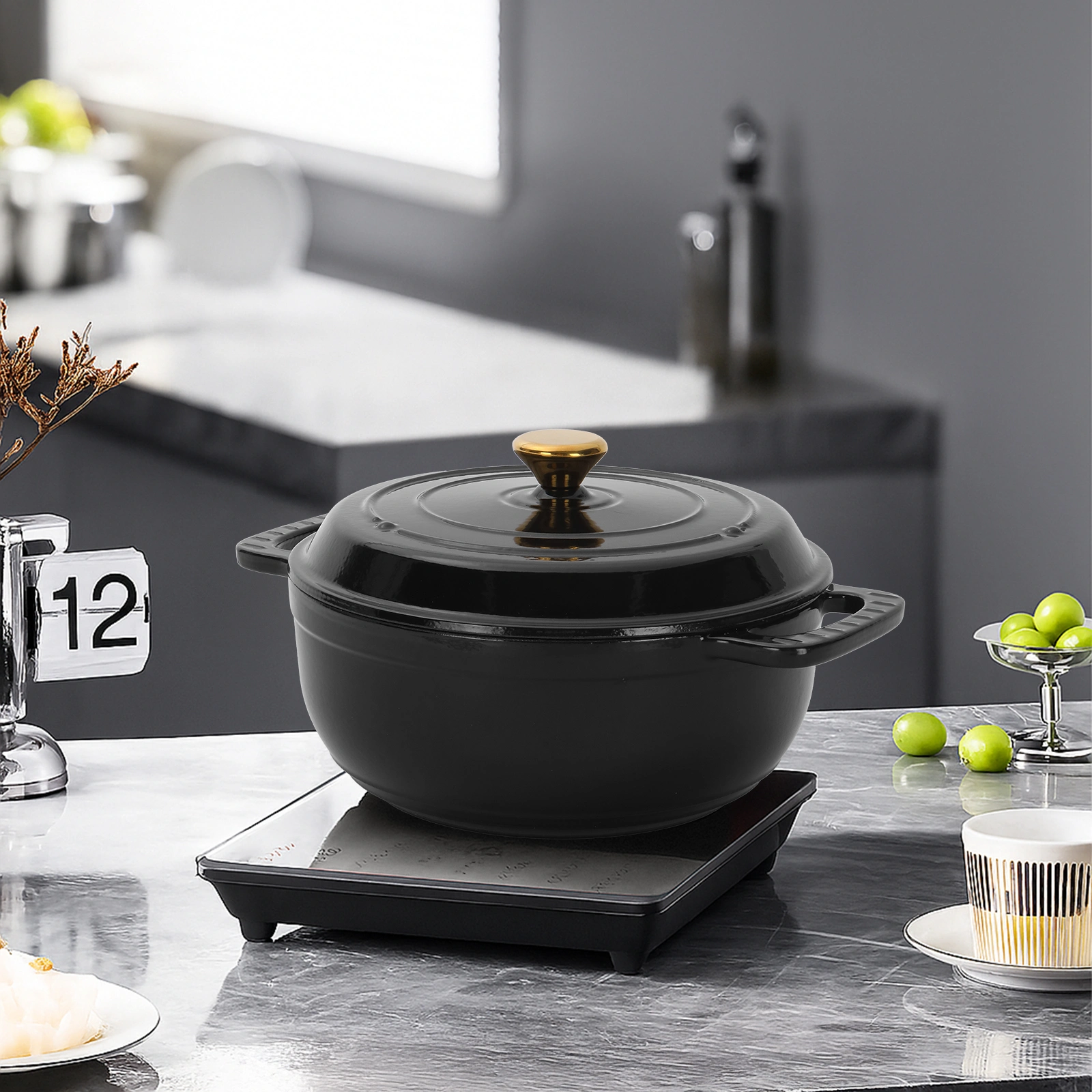 Cast iron 6QT cooking pot - Gradient Black Color - Includes two silicone gloves - Enamel pot view 11