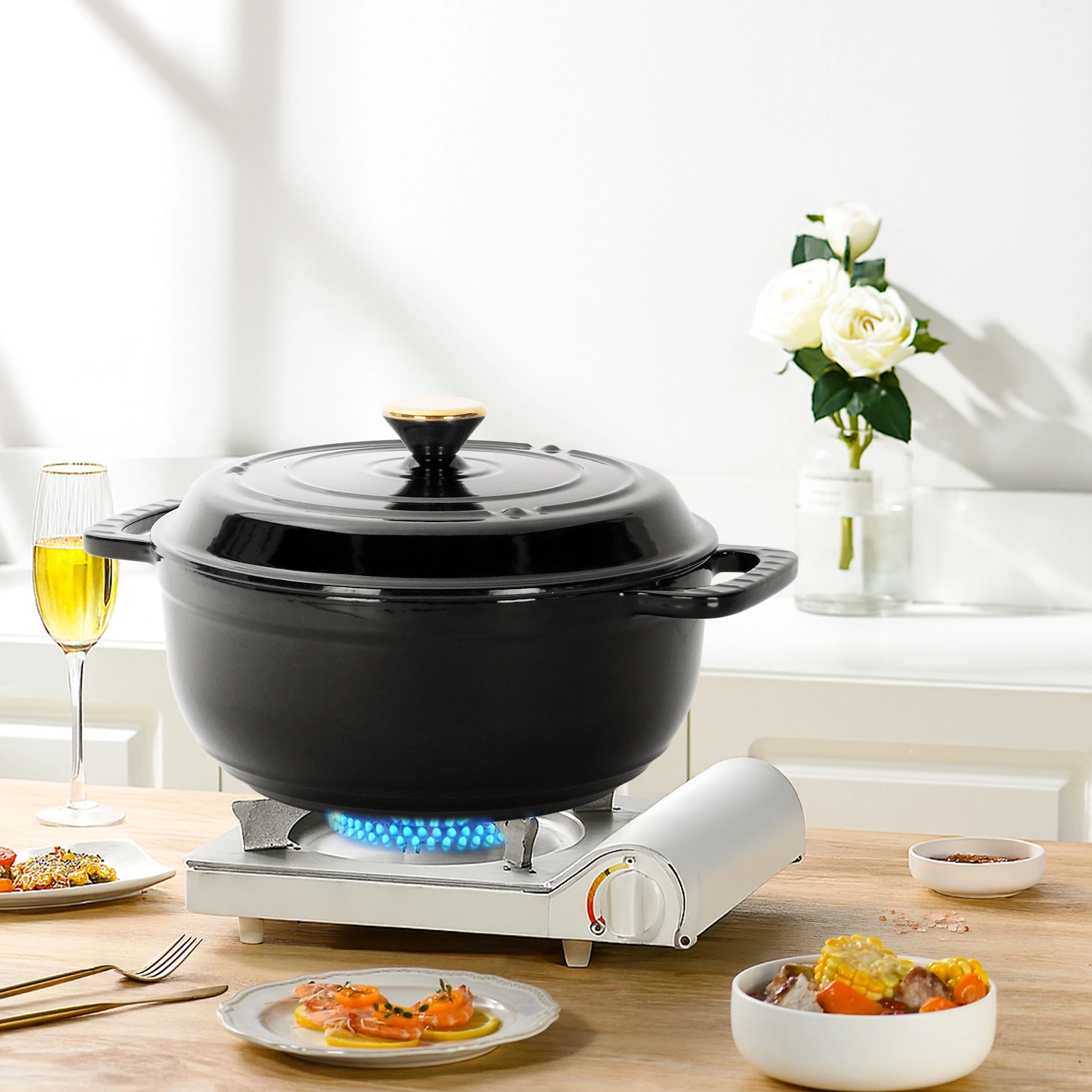 Cast iron 6QT cooking pot - Gradient Black Color - Includes two silicone gloves - Enamel pot view 12