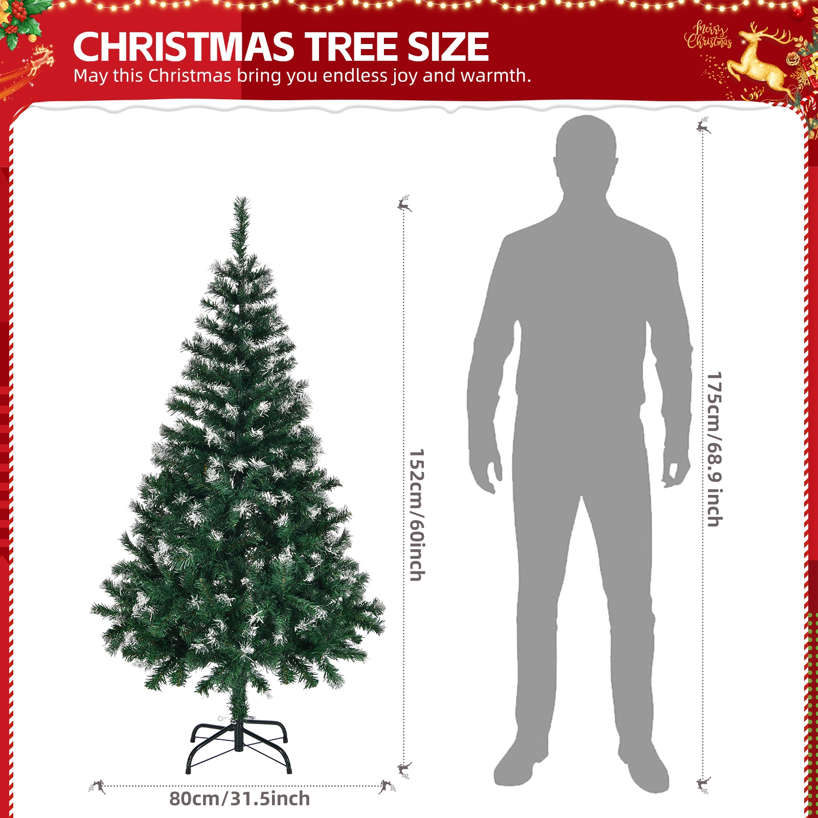 5 FT Artificial Snow Tipped Christmas Tree, 480 Branch Tips, Unlit Pine Tree with Metal Stand, Green & Snow Topped for Home Office Holiday Decor view 2