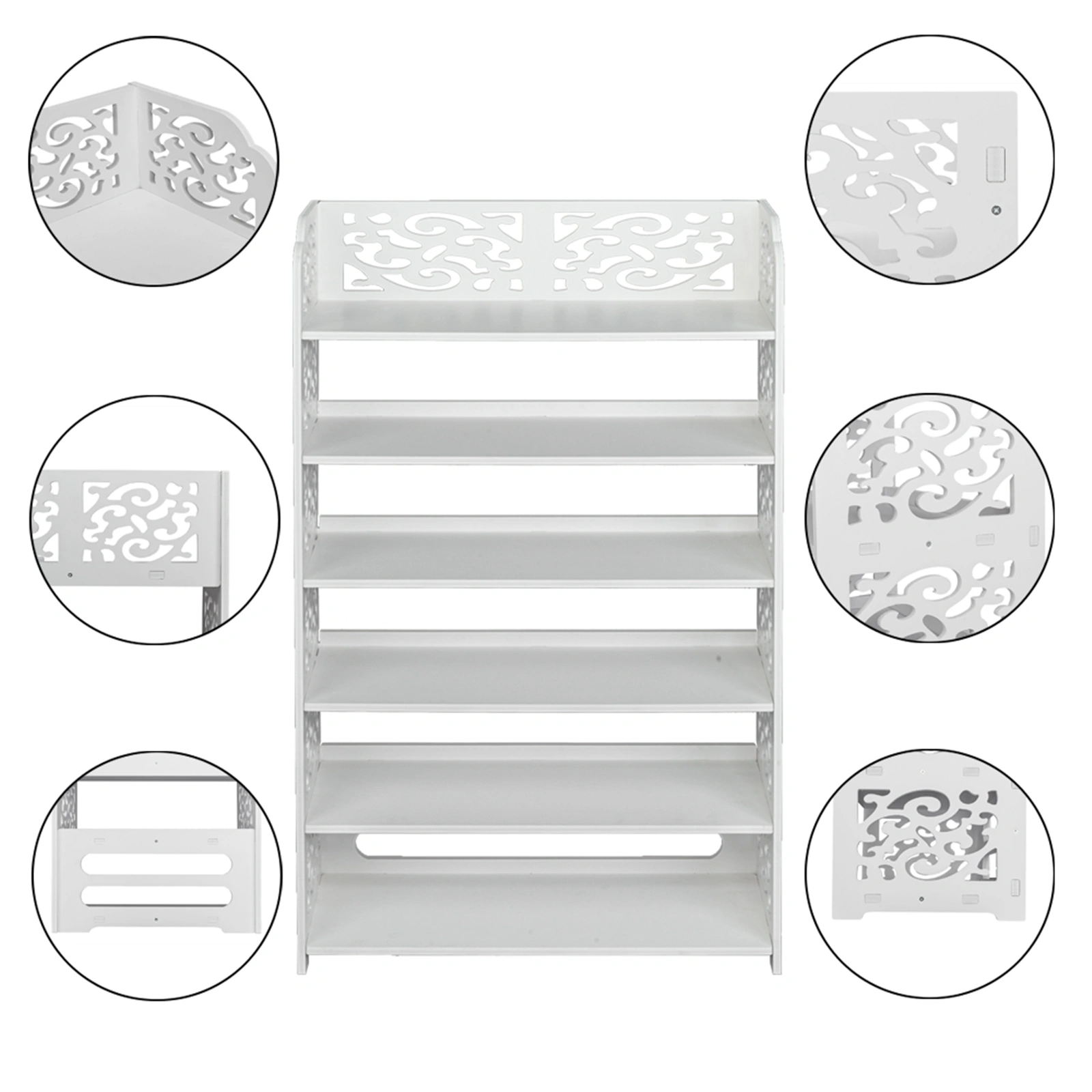 Wood-plastic Board Six Tiers Carved Shoe Rack White B view 22