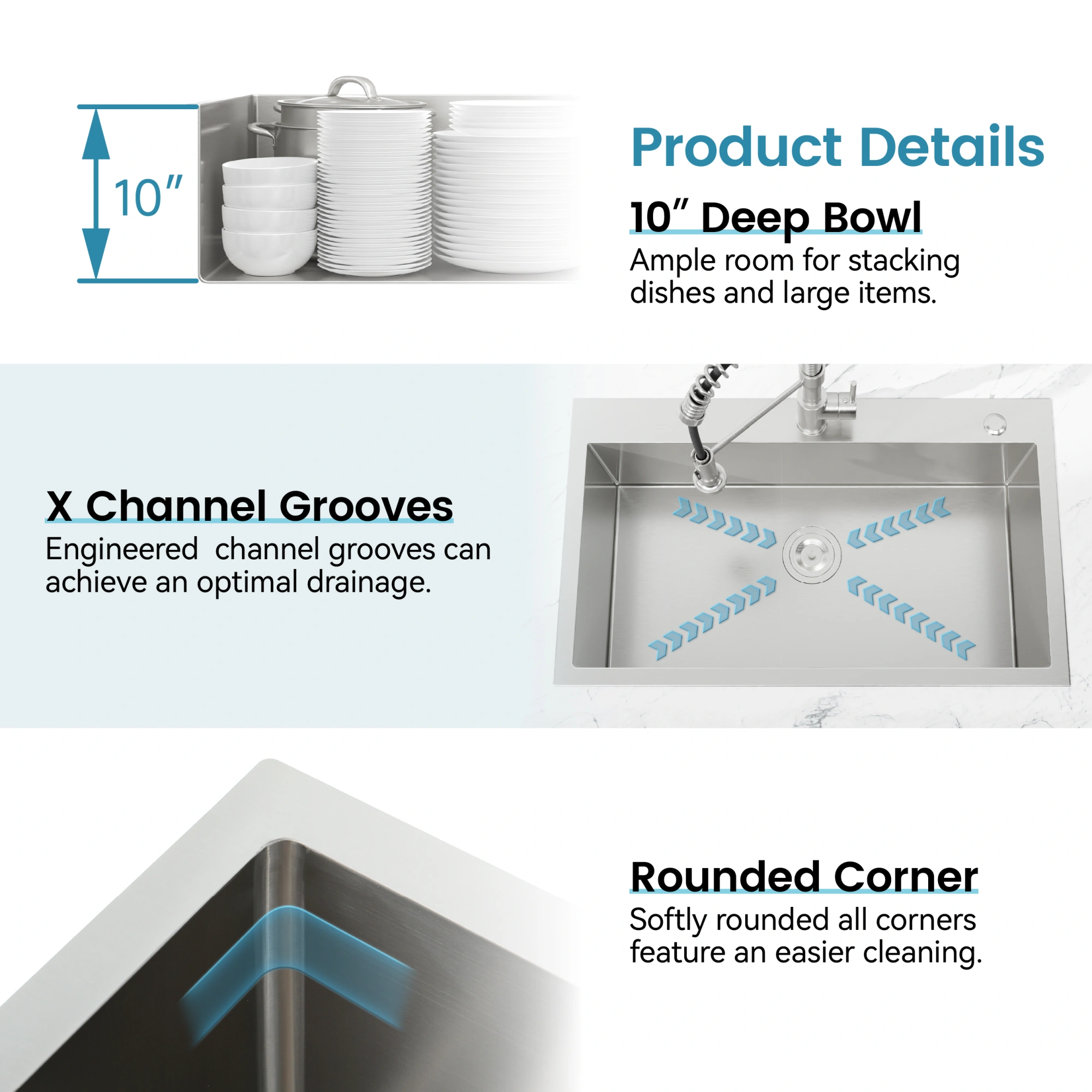 Stainless Steel Kitchen Sink 23x19 Inch Single Bowl, Handmade Overmount Sink Dark Gray, Includes US Standard Drain & Hook view 3