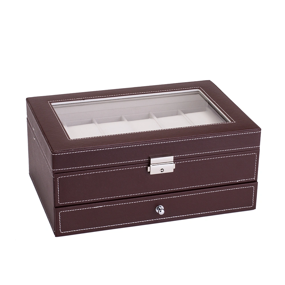12 Slot Men's Watch Box Lockable Watch Organizer Display Case with Real Glass Top & Faux Leather - Brown