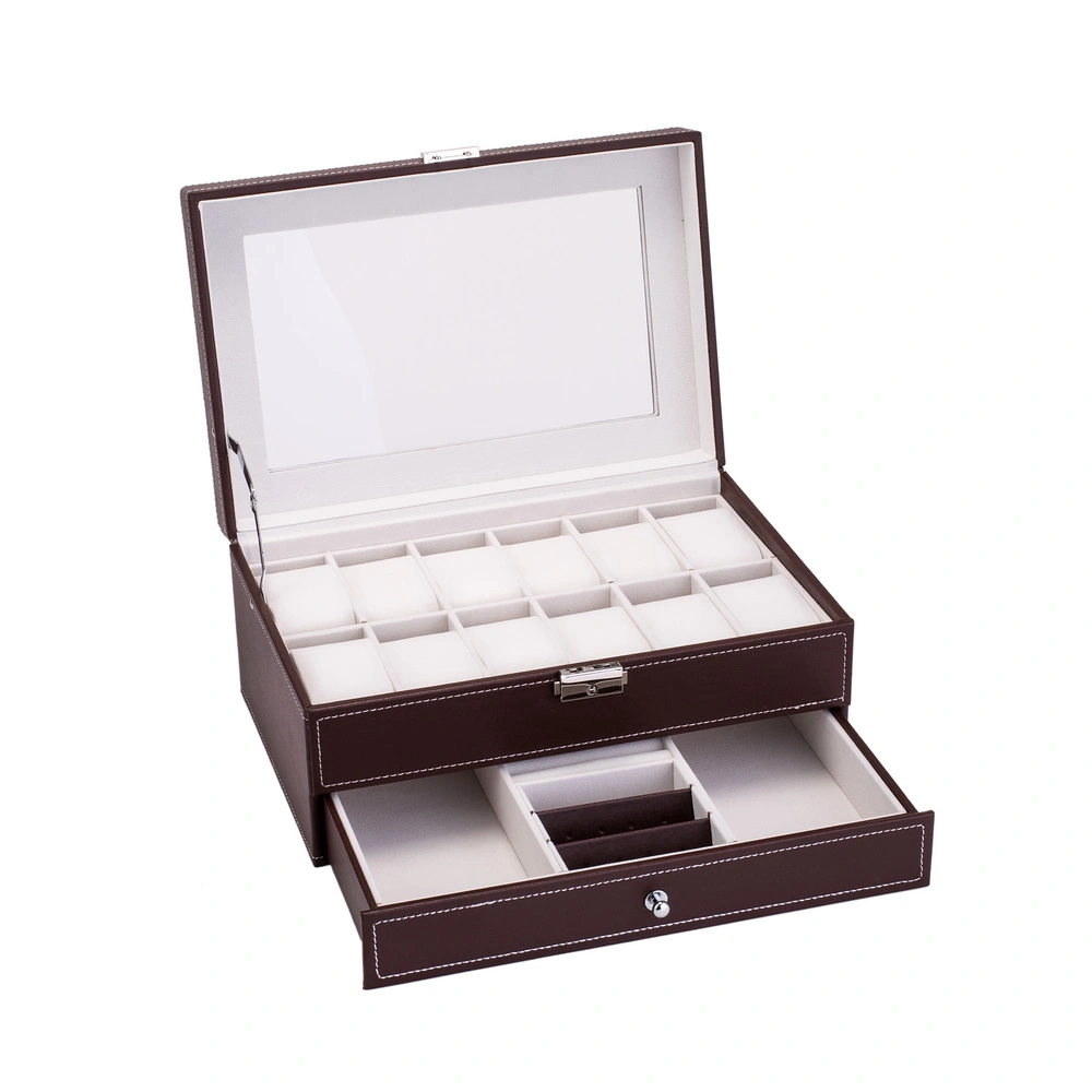 12 Slot Men's Watch Box Lockable Watch Organizer Display Case with Real Glass Top & Faux Leather - Brown view 3