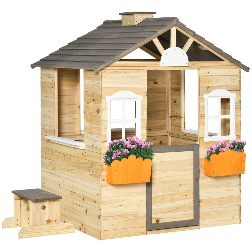 Wooden Playhouse Indoor Outdoor - Kids Play Tent House with Windows & Door