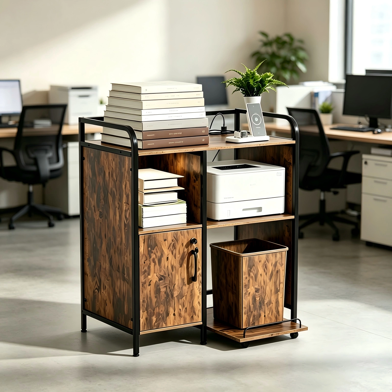 1 Cabinet Door 3-Layer Printer Rack P2 Particleboard + Iron Pipes & Melamine Veneer + Powder-Coated Storage Rack 31.5*17.72*35.43in Rotten Wood view 10