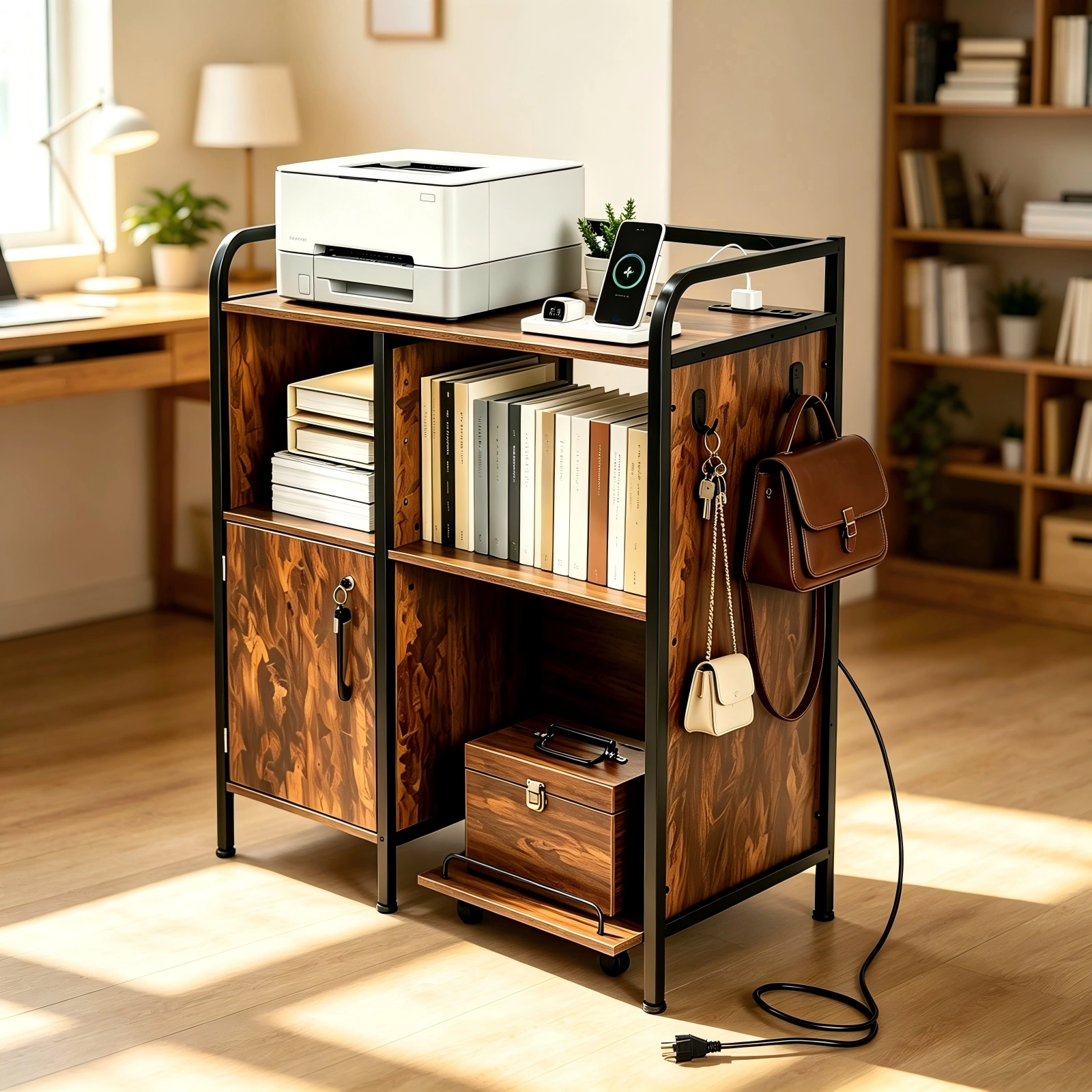 1 Cabinet Door 3-Layer Printer Rack P2 Particleboard + Iron Pipes & Melamine Veneer + Powder-Coated Storage Rack 31.5*17.72*35.43in Rotten Wood view 11