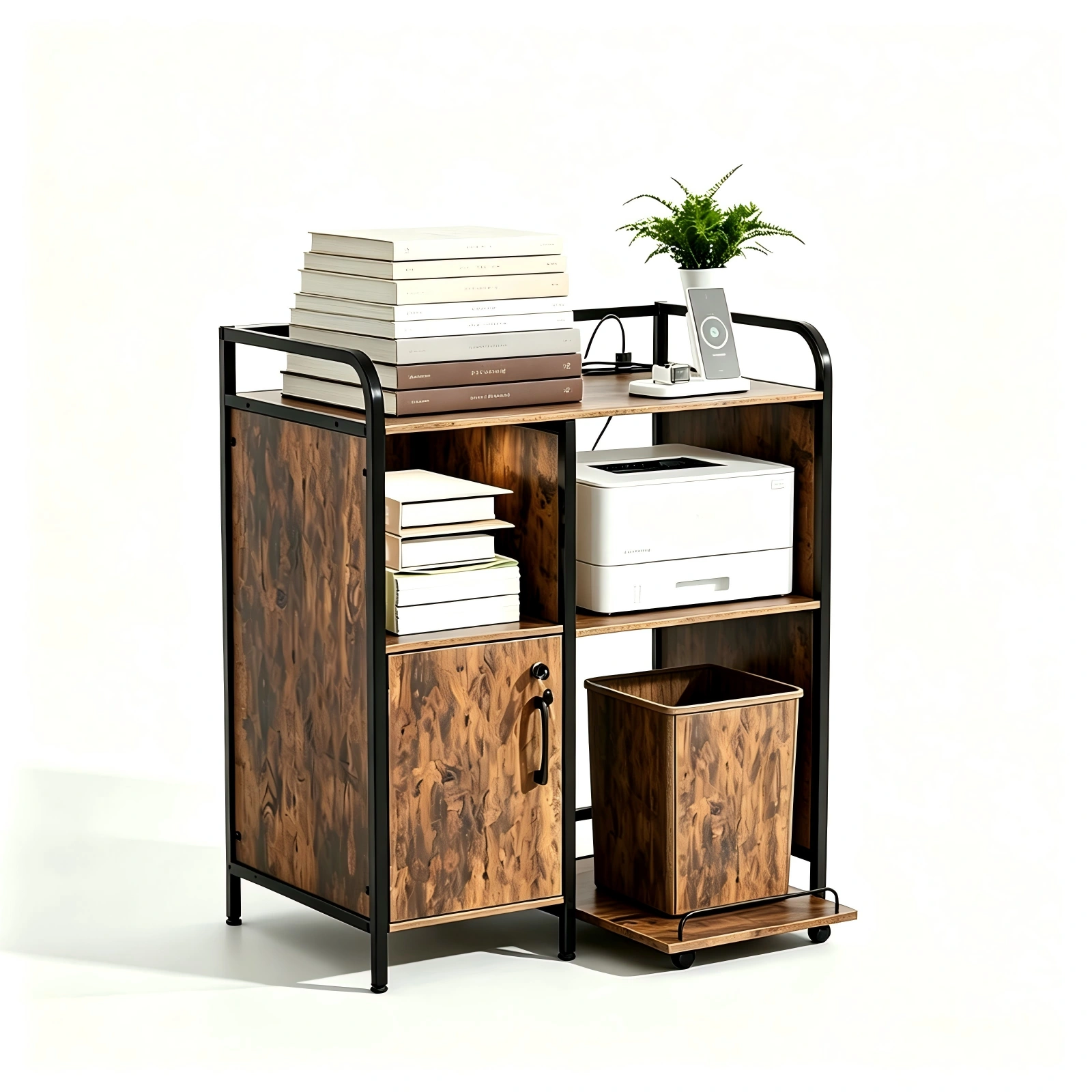 1 Cabinet Door 3-Layer Printer Rack P2 Particleboard + Iron Pipes & Melamine Veneer + Powder-Coated Storage Rack 31.5*17.72*35.43in Rotten Wood view 2