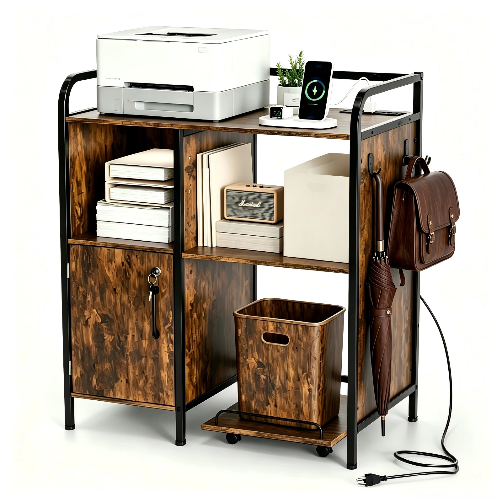 1 Cabinet Door 3-Layer Printer Rack P2 Particleboard + Iron Pipes & Melamine Veneer + Powder-Coated Storage Rack 31.5*17.72*35.43in Rotten Wood view 3