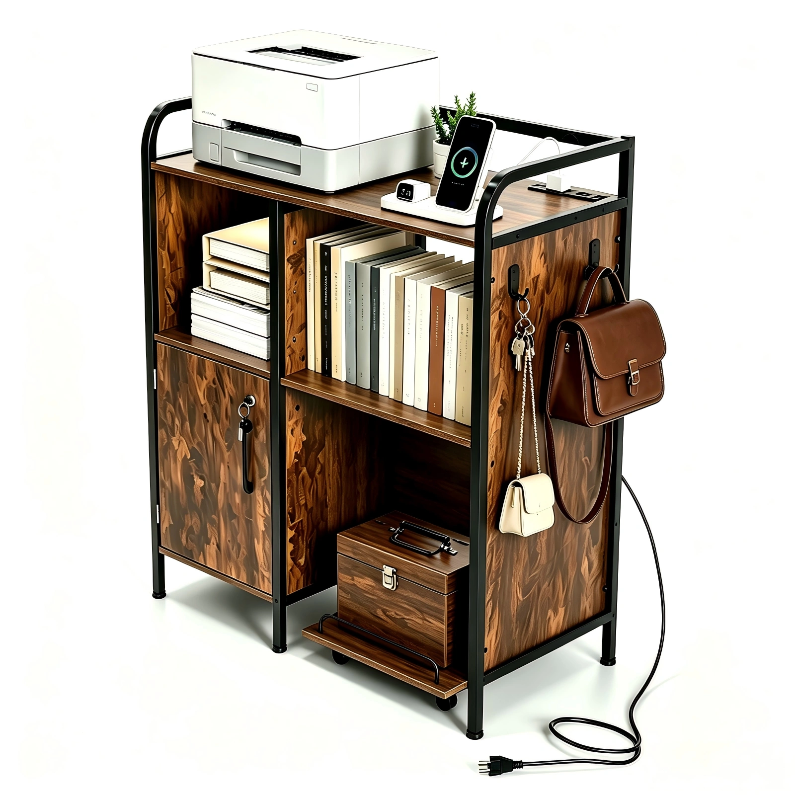 1 Cabinet Door 3-Layer Printer Rack P2 Particleboard + Iron Pipes & Melamine Veneer + Powder-Coated Storage Rack 31.5*17.72*35.43in Rotten Wood view 4