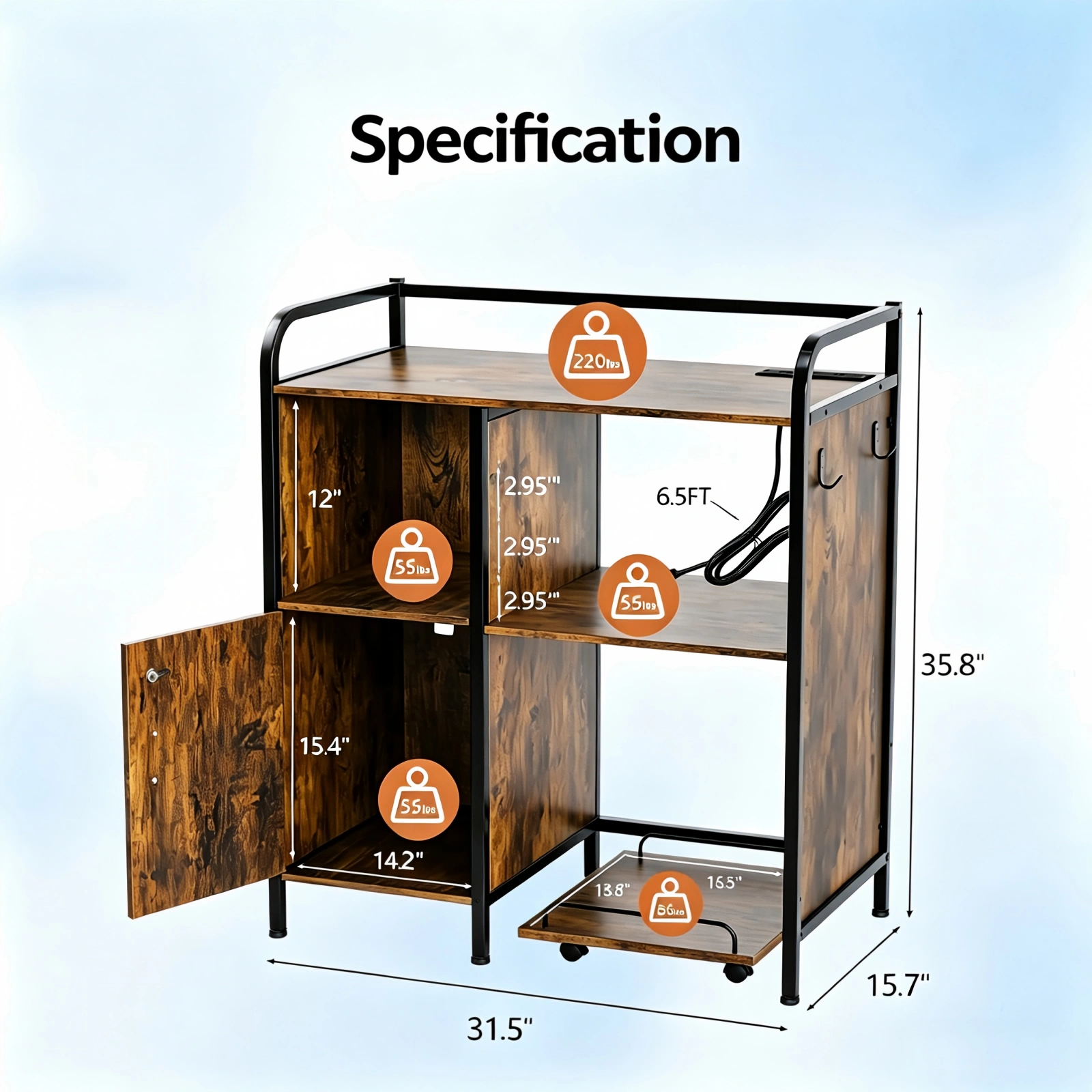 1 Cabinet Door 3-Layer Printer Rack P2 Particleboard + Iron Pipes & Melamine Veneer + Powder-Coated Storage Rack 31.5*17.72*35.43in Rotten Wood view 5