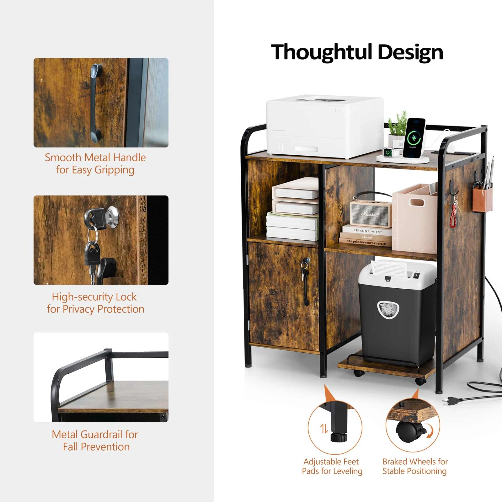 1 Cabinet Door 3-Layer Printer Rack P2 Particleboard + Iron Pipes & Melamine Veneer + Powder-Coated Storage Rack 31.5*17.72*35.43in Rotten Wood view 6