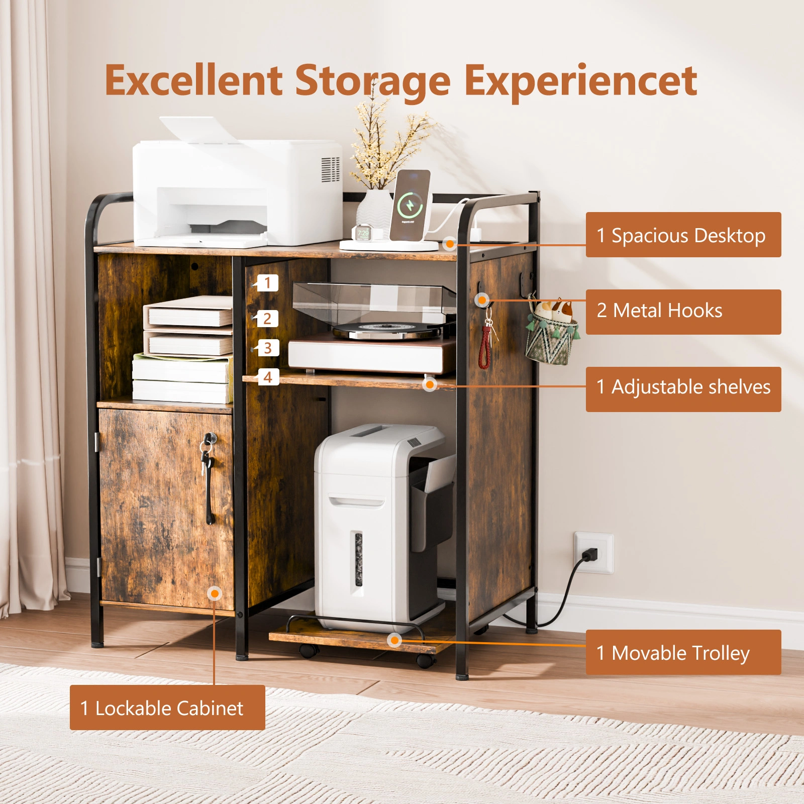 1 Cabinet Door 3-Layer Printer Rack P2 Particleboard + Iron Pipes & Melamine Veneer + Powder-Coated Storage Rack 31.5*17.72*35.43in Rotten Wood view 8