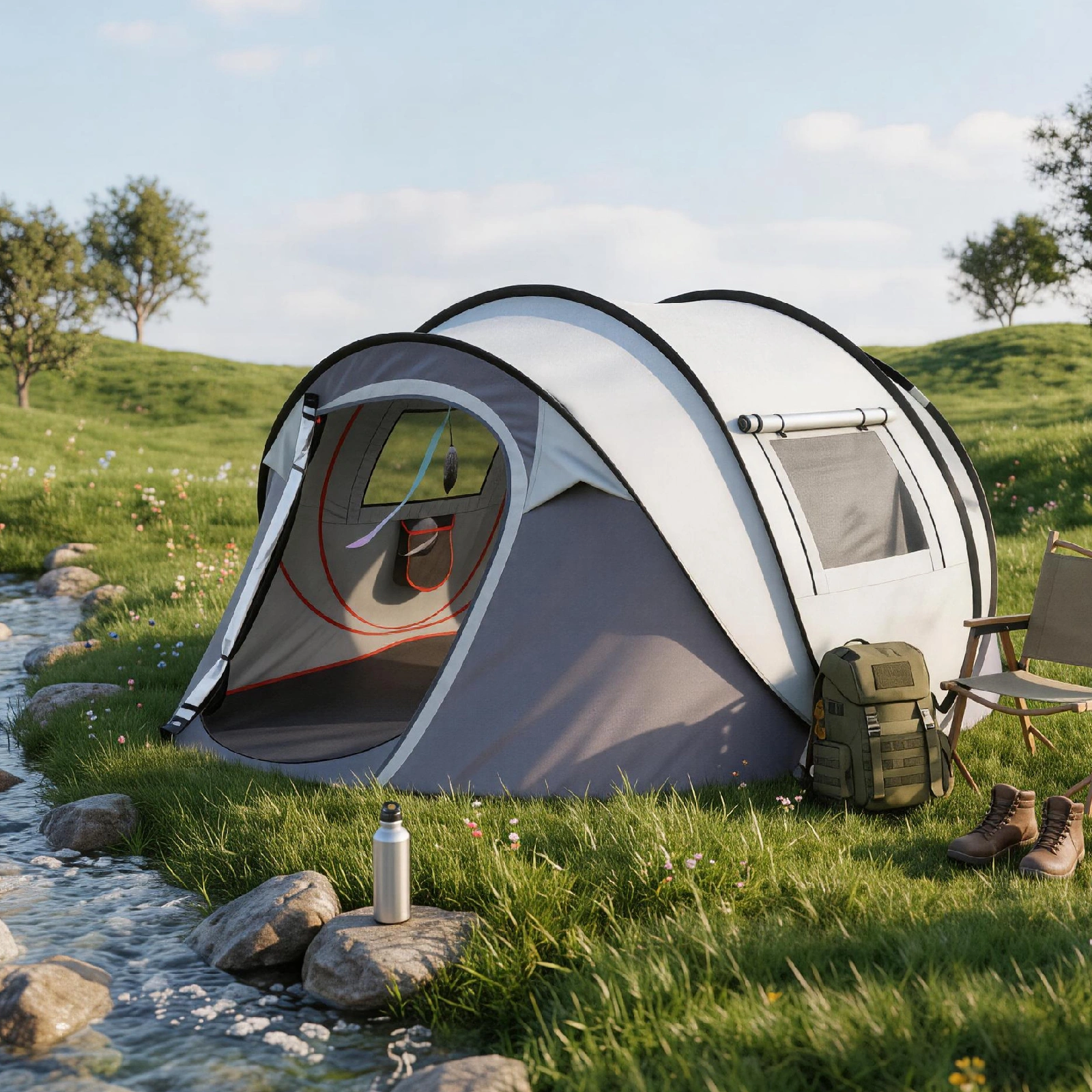 4 Person Pop Up Tent for Camping, Waterproof Instant Family Tent with Front Awning, Automatic Tent Throw Pop Up Instant Flip Pop Tent for Camping, Light Gray view 11