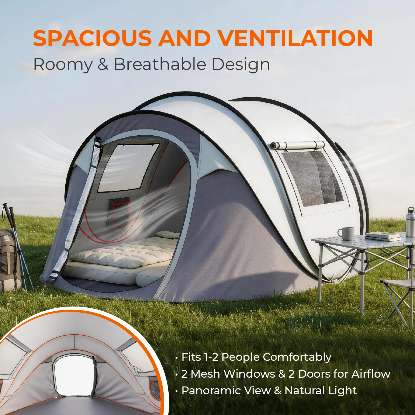 4 Person Pop Up Tent for Camping, Waterproof Instant Family Tent with Front Awning, Automatic Tent Throw Pop Up Instant Flip Pop Tent for Camping, Light Gray view 4