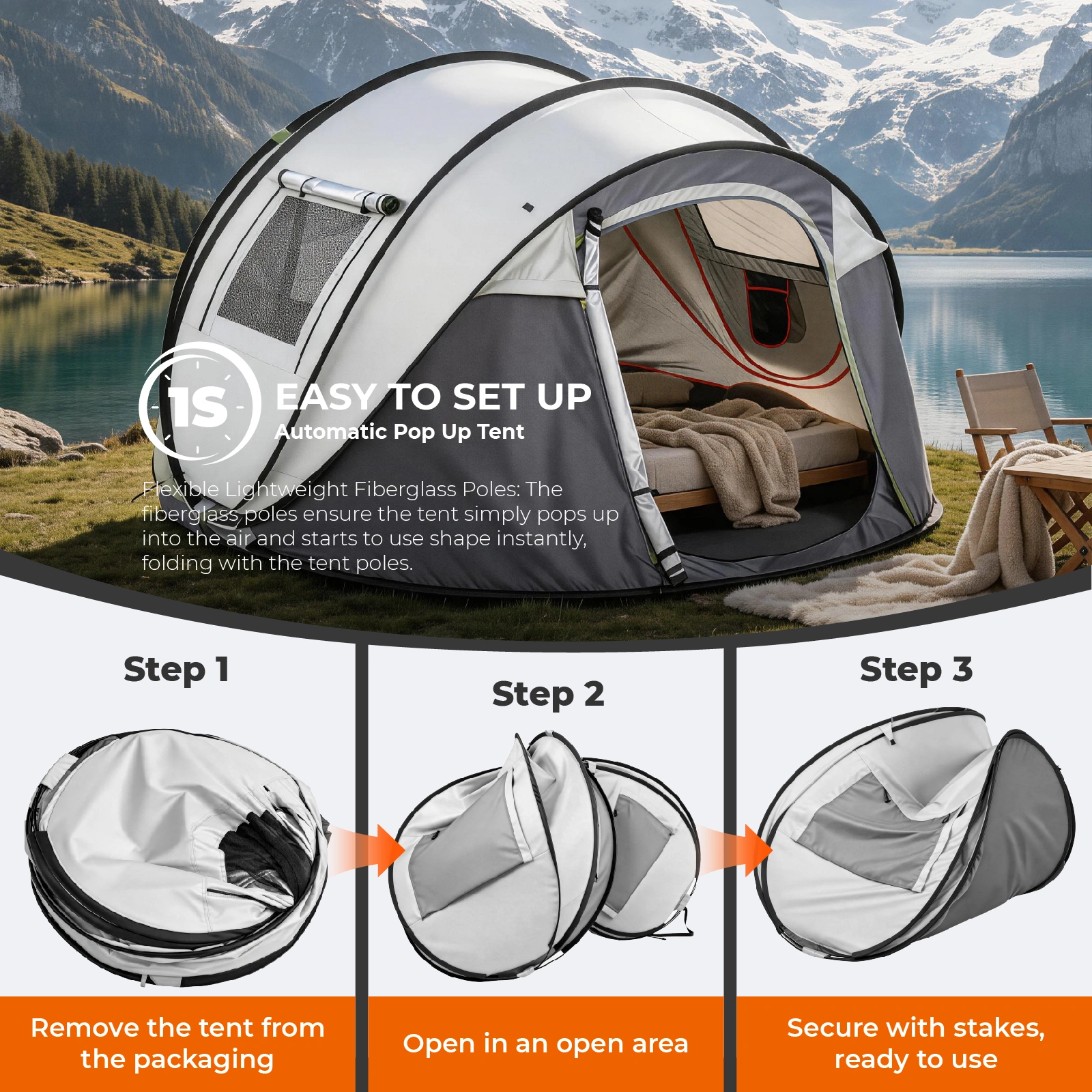 4 Person Pop Up Tent for Camping, Waterproof Instant Family Tent with Front Awning, Automatic Tent Throw Pop Up Instant Flip Pop Tent for Camping, Light Gray view 7