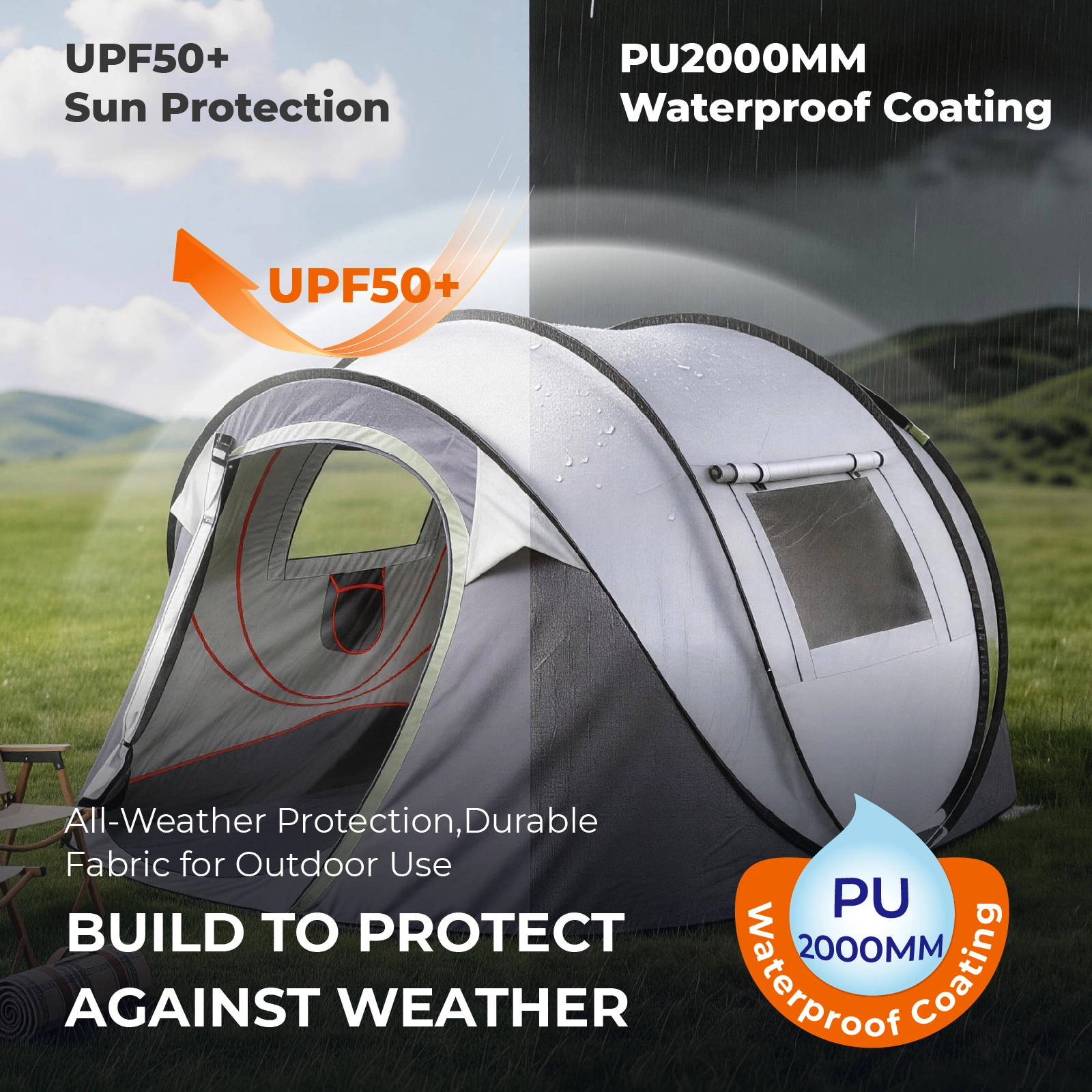4 Person Pop Up Tent for Camping, Waterproof Instant Family Tent with Front Awning, Automatic Tent Throw Pop Up Instant Flip Pop Tent for Camping, Light Gray view 9