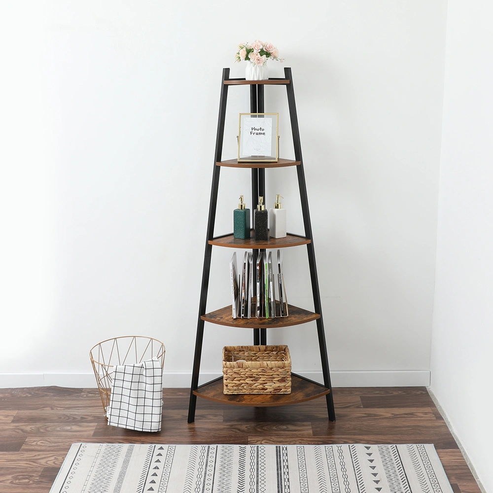Industrial Corner Ladder Shelf, 5 Tier Bookcase A-Shaped Utility Display Organizer Plant Flower Stand Storage Rack, Wood Look Accent Metal Frame Furniture Home Office view 2