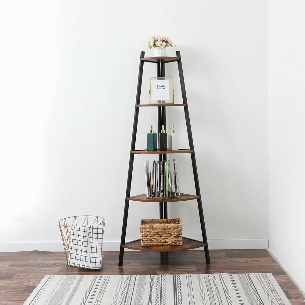 Industrial Corner Ladder Shelf, 5 Tier Bookcase A-Shaped Utility Display Organizer Plant Flower Stand Storage Rack, Wood Look Accent Metal Frame Furniture Home Office view 3