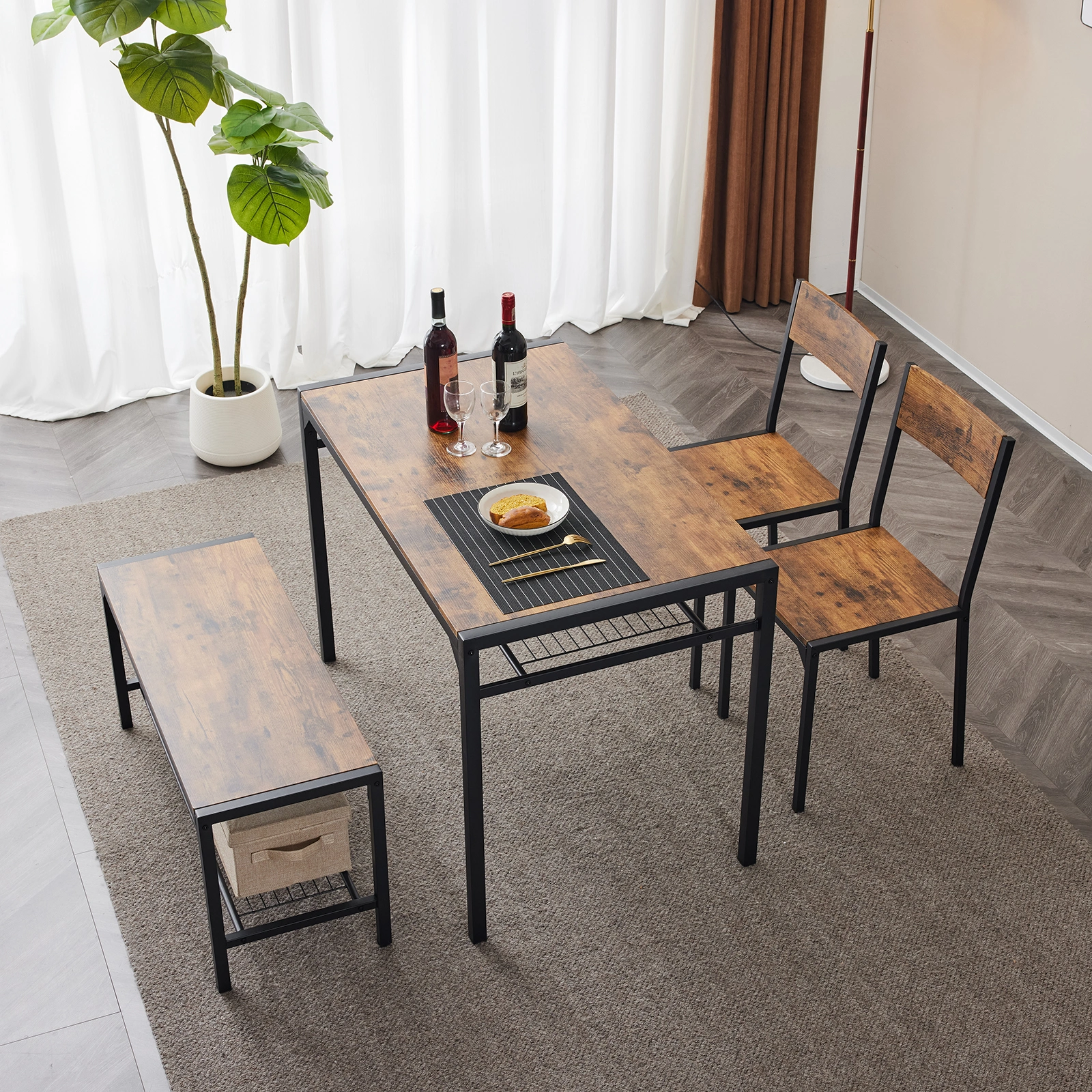 Dining Table Set for 4, Kitchen Table with 2 Chairs and a Bench, 4 Piece Kitchen Table Set for Small Space, Home Kitchen Bar Pub Apartment, Rustic Brown view 12
