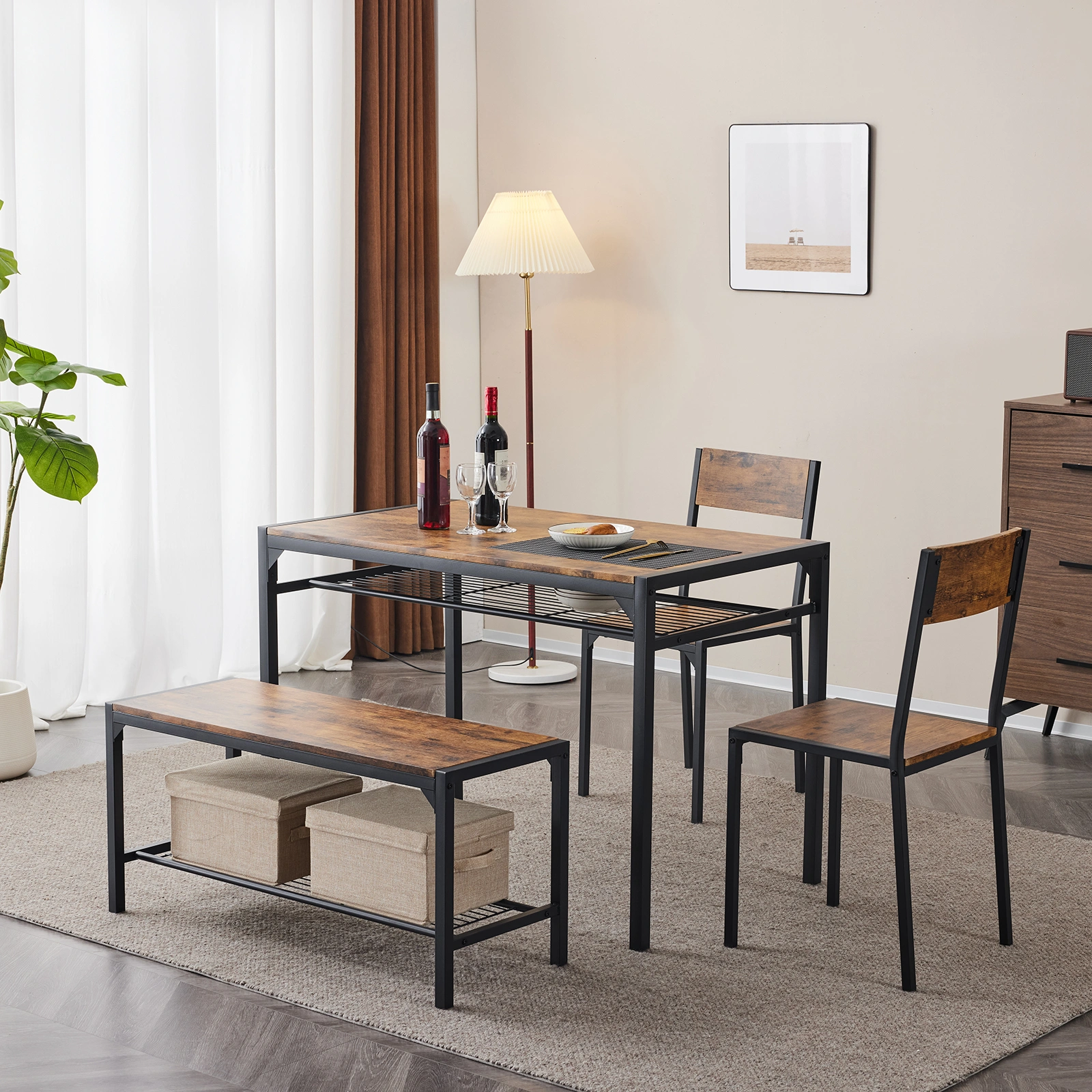 Dining Table Set for 4, Kitchen Table with 2 Chairs and a Bench, 4 Piece Kitchen Table Set for Small Space, Home Kitchen Bar Pub Apartment, Rustic Brown view 15
