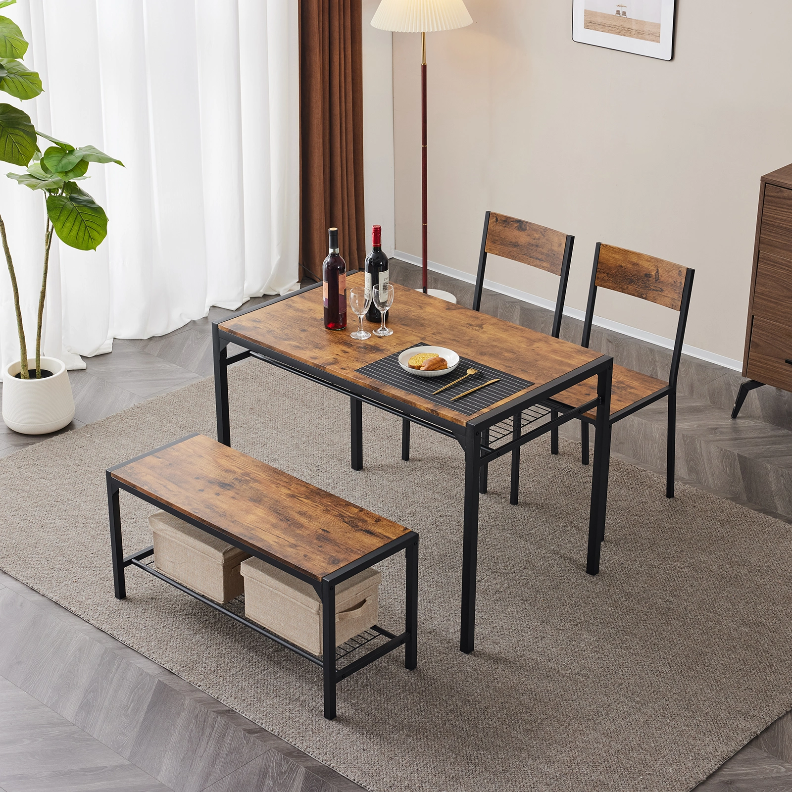 Dining Table Set for 4, Kitchen Table with 2 Chairs and a Bench, 4 Piece Kitchen Table Set for Small Space, Home Kitchen Bar Pub Apartment, Rustic Brown view 19
