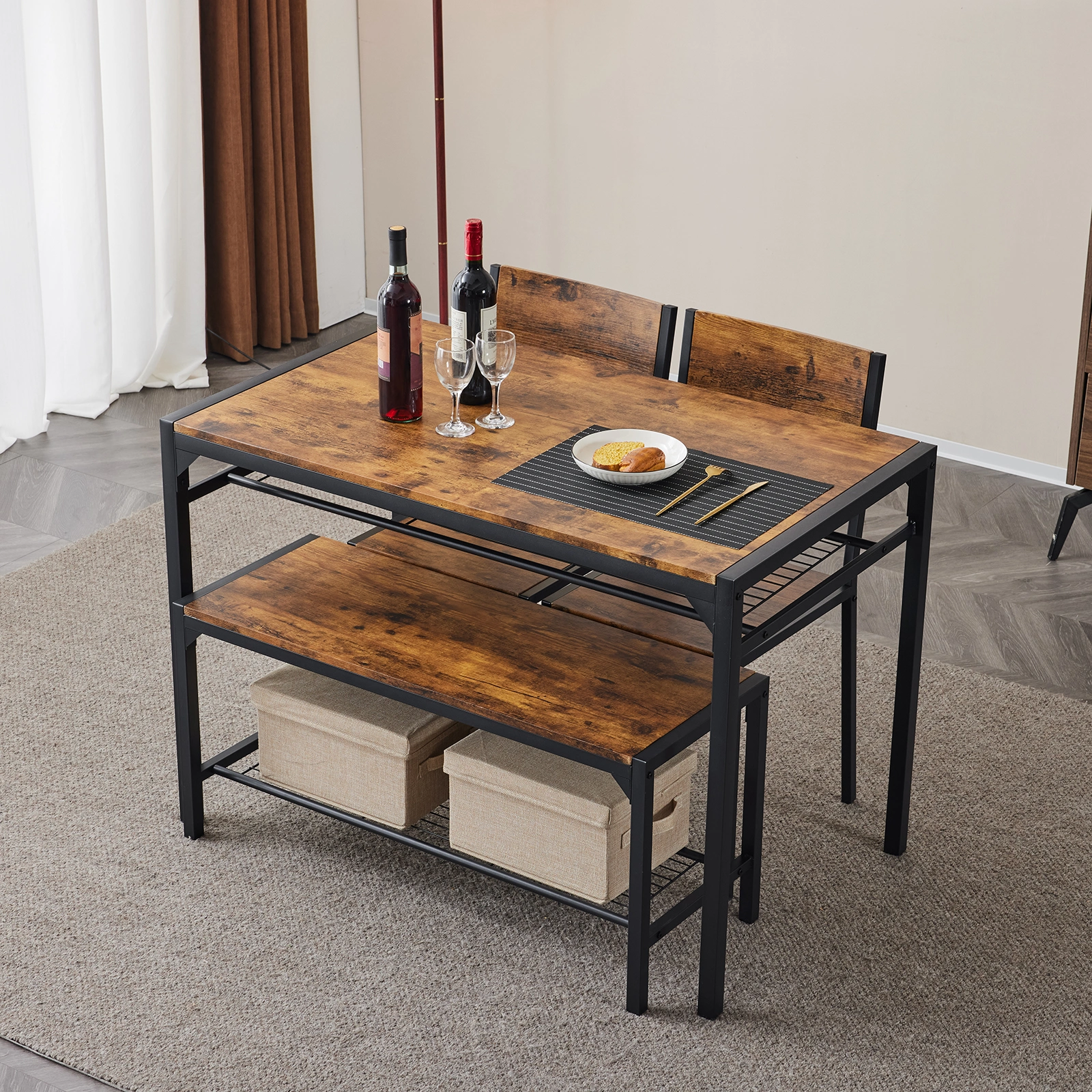 Dining Table Set for 4, Kitchen Table with 2 Chairs and a Bench, 4 Piece Kitchen Table Set for Small Space, Home Kitchen Bar Pub Apartment, Rustic Brown view 22