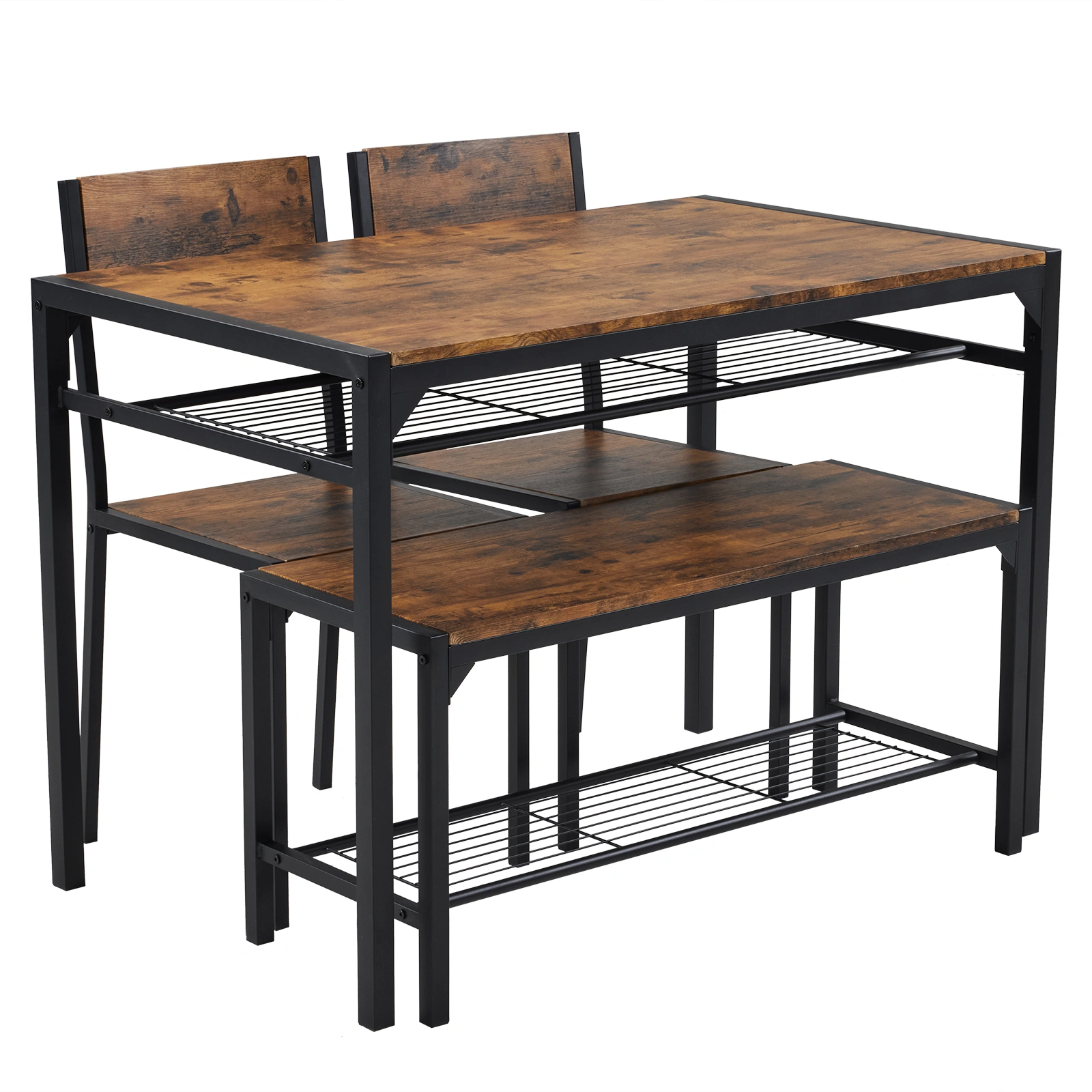 Dining Table Set for 4, Kitchen Table with 2 Chairs and a Bench, 4 Piece Kitchen Table Set for Small Space, Home Kitchen Bar Pub Apartment, Rustic Brown view 4